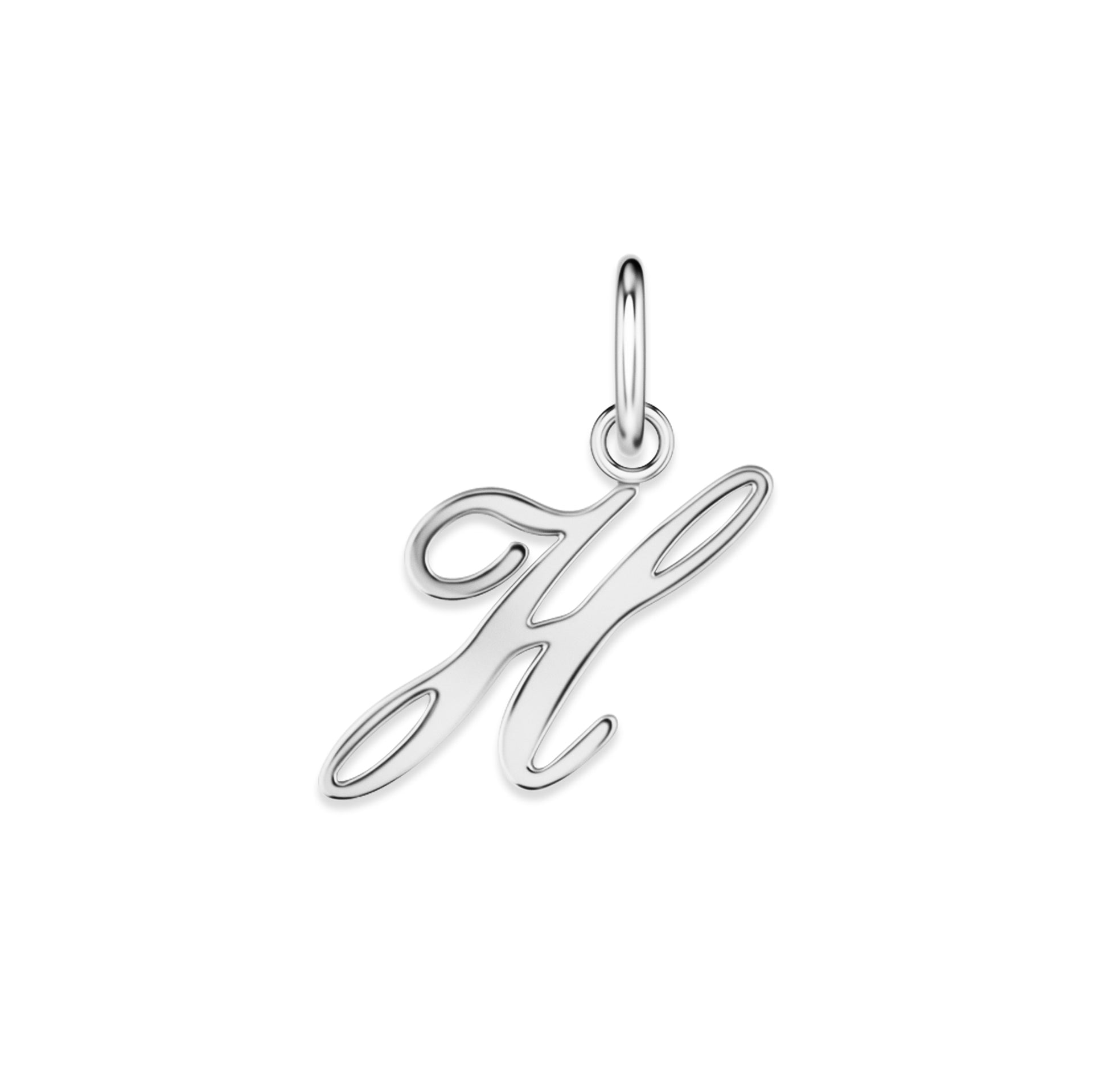 silver stainless steel cursive letter charm "H" on a white background