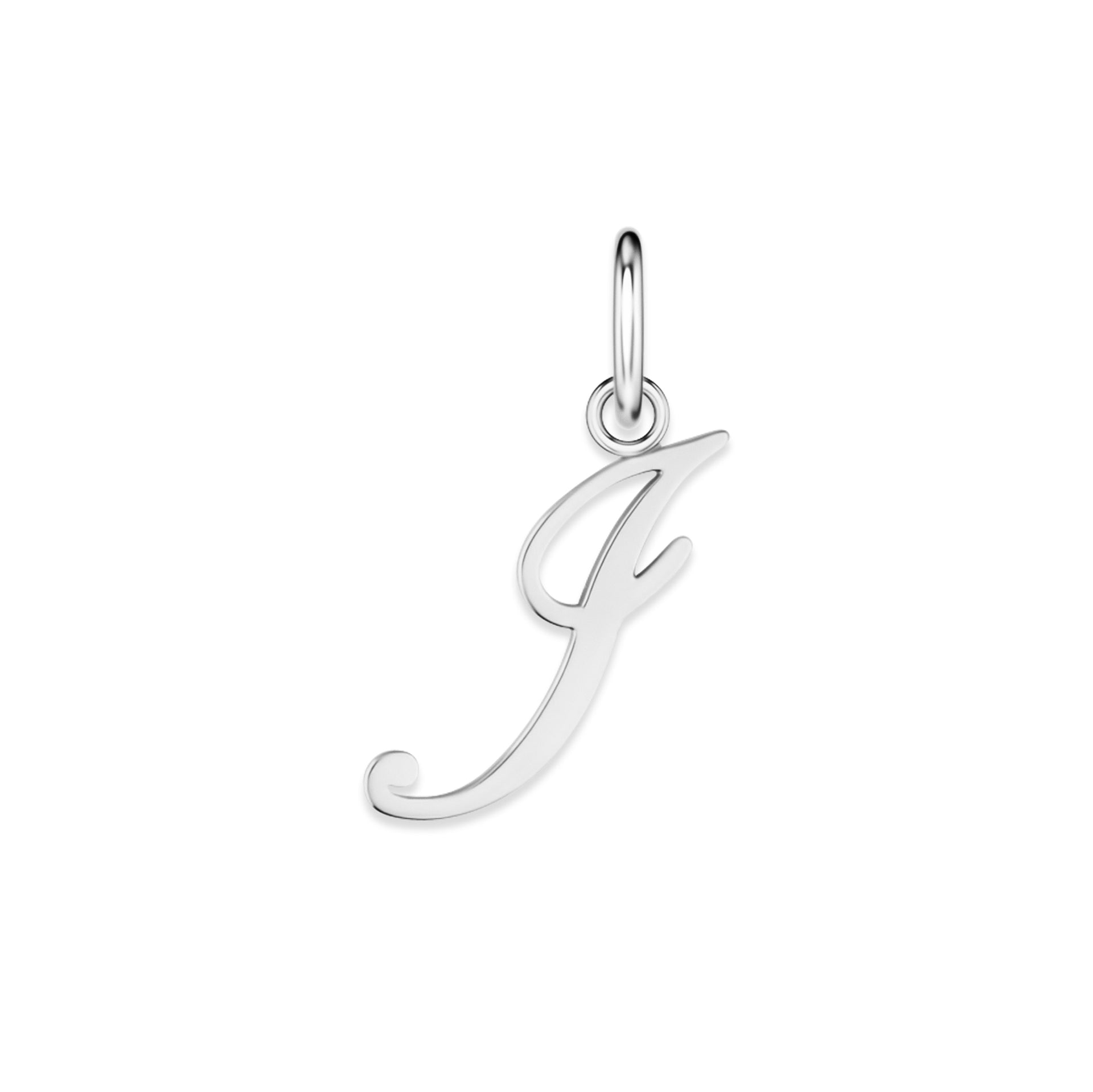 silver stainless steel cursive letter charm "I" on a white background