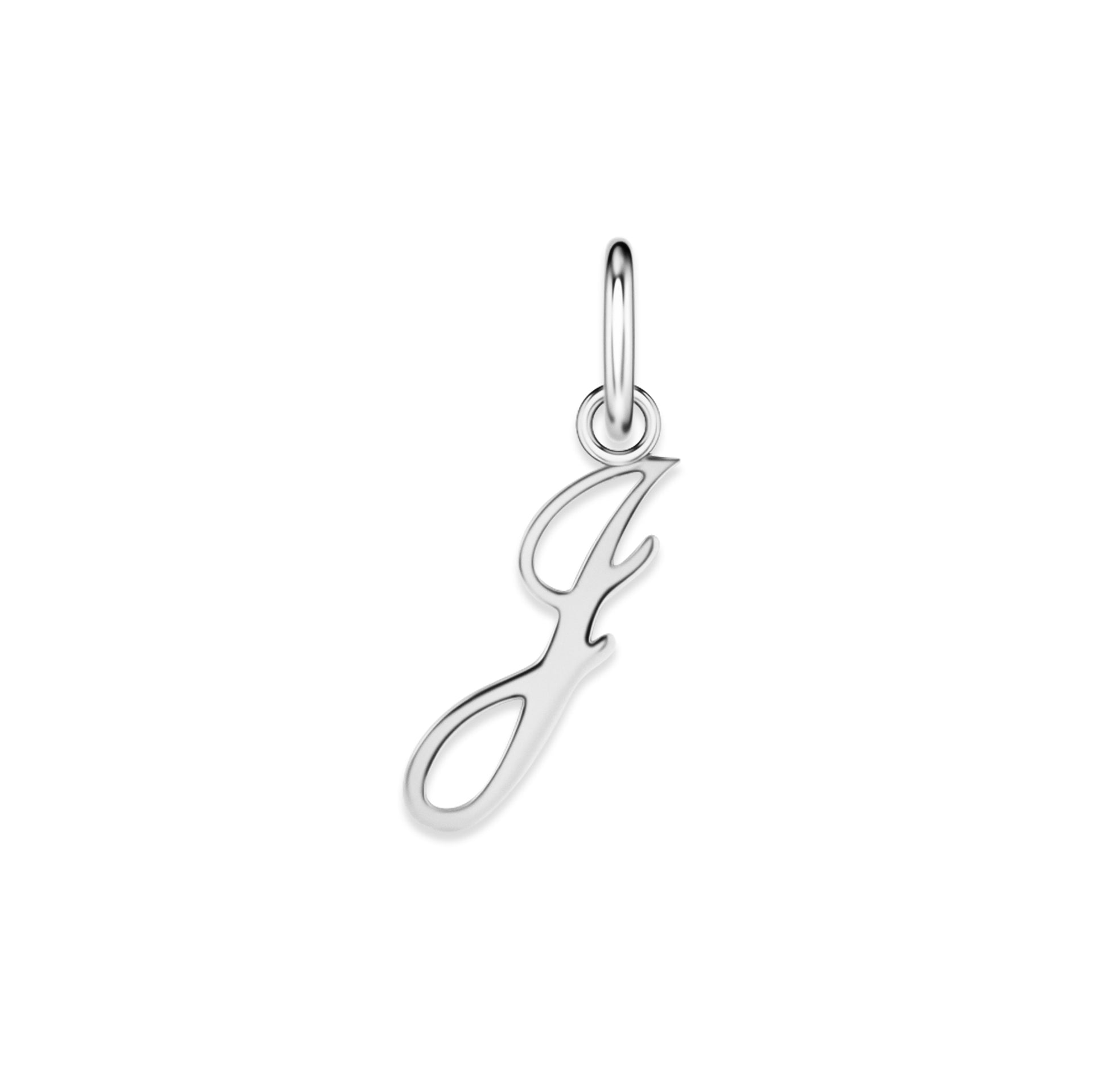 silver stainless steel cursive letter charm "J" on a white background