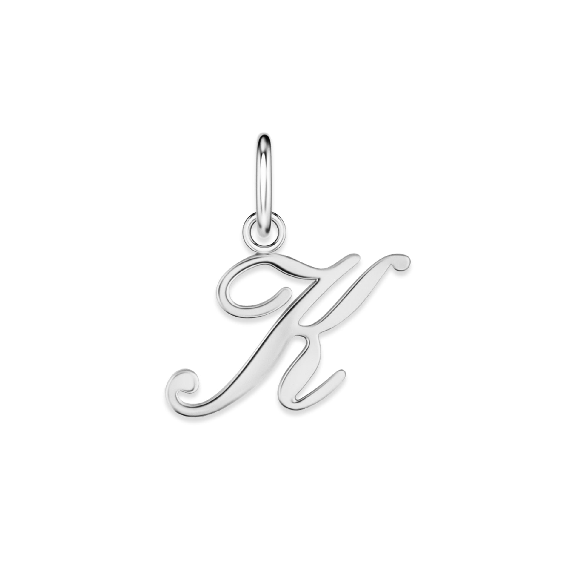 silver stainless steel cursive letter charm "K" on a white background