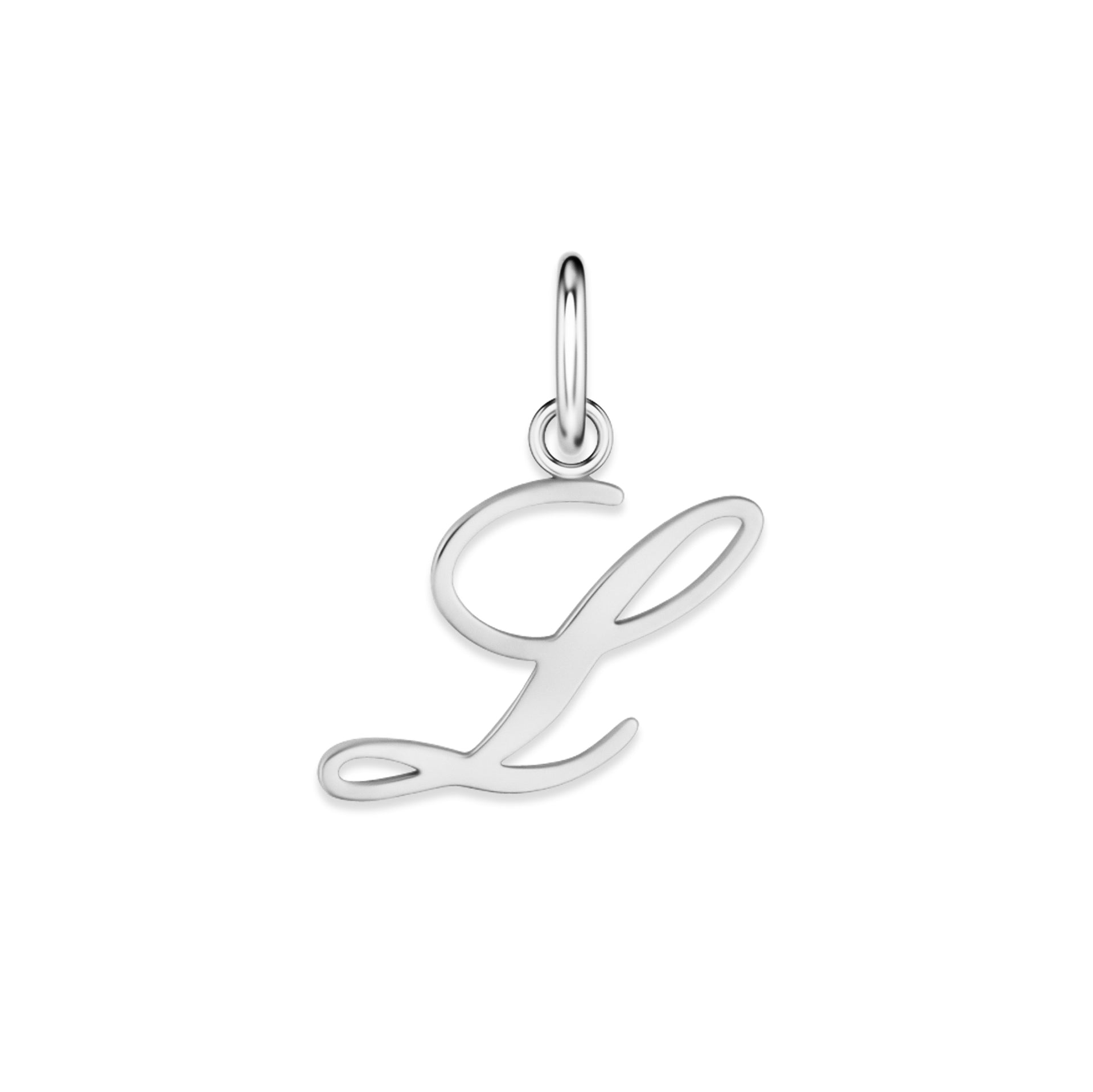 silver stainless steel cursive letter charm "L" on a white background