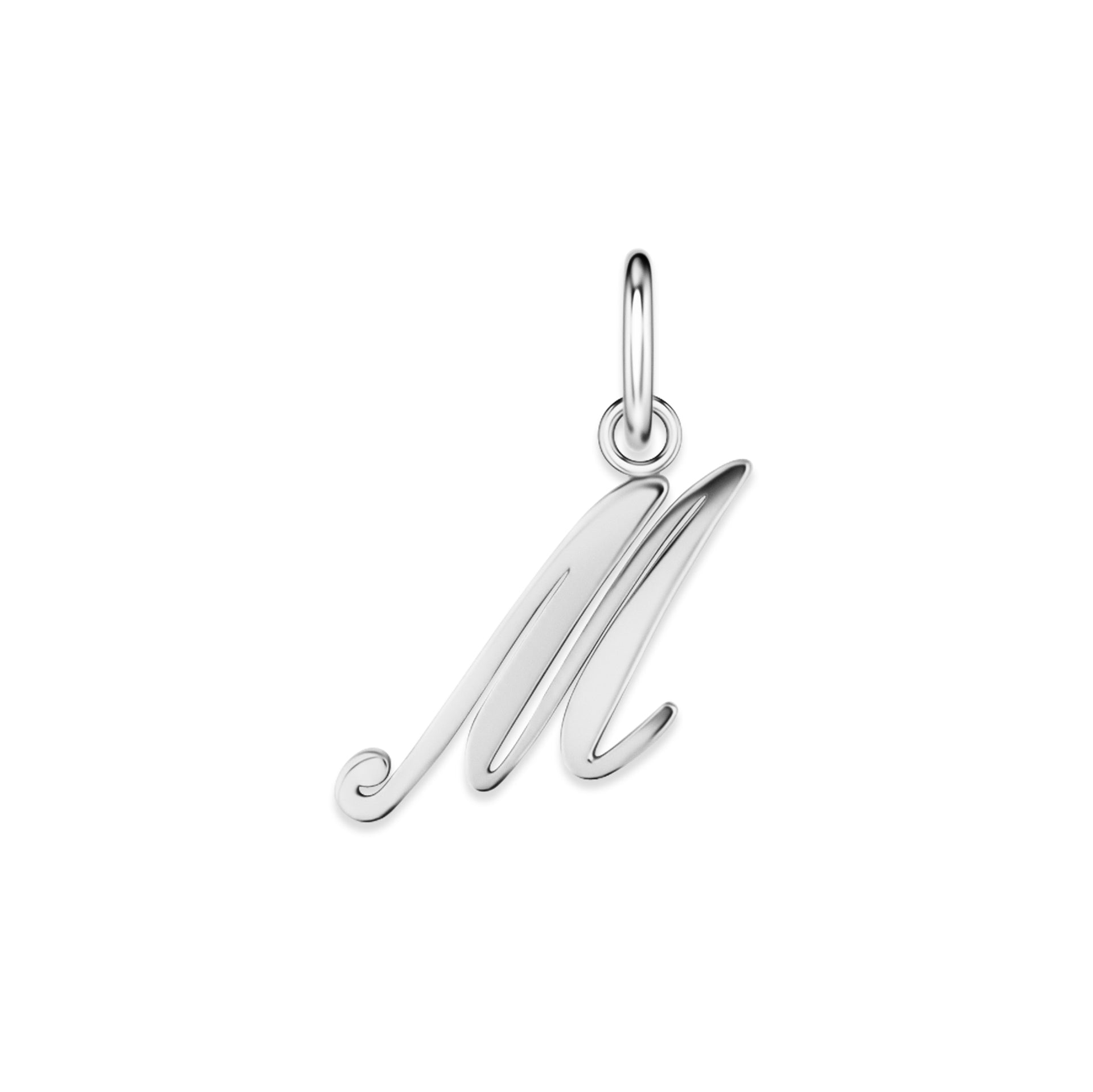 silver stainless steel cursive letter charm "M" on a white background