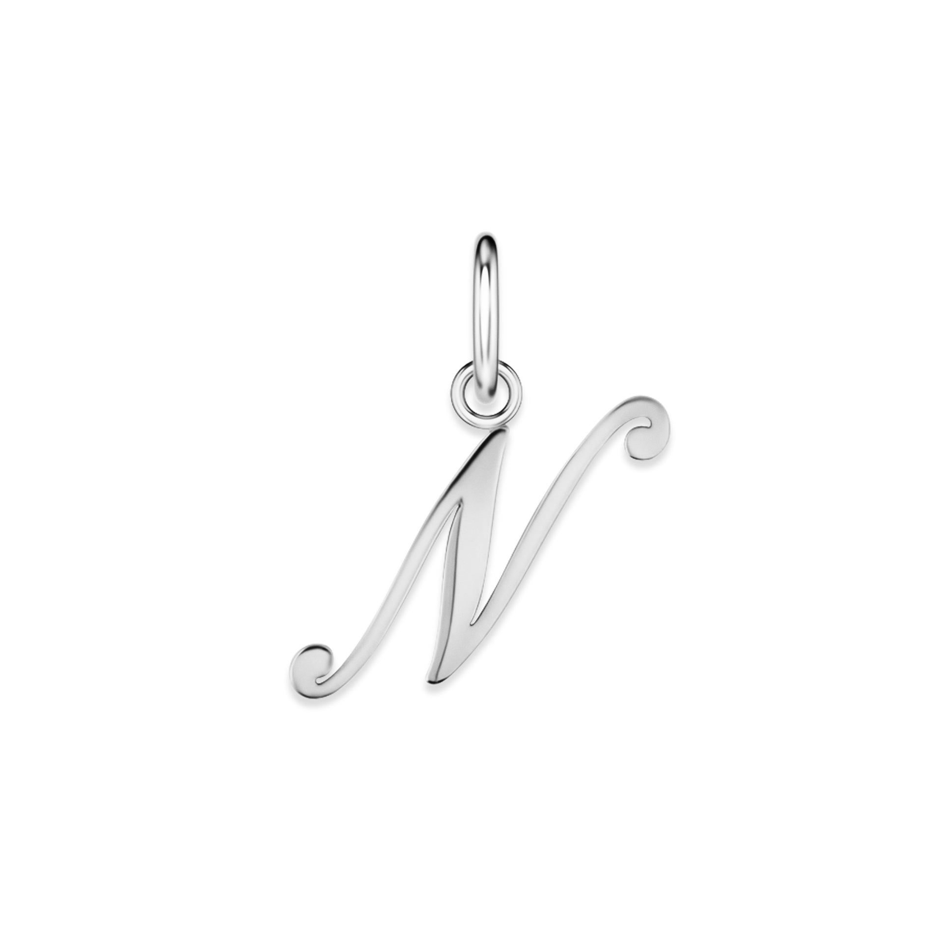 silver stainless steel cursive letter charm "N" on a white background