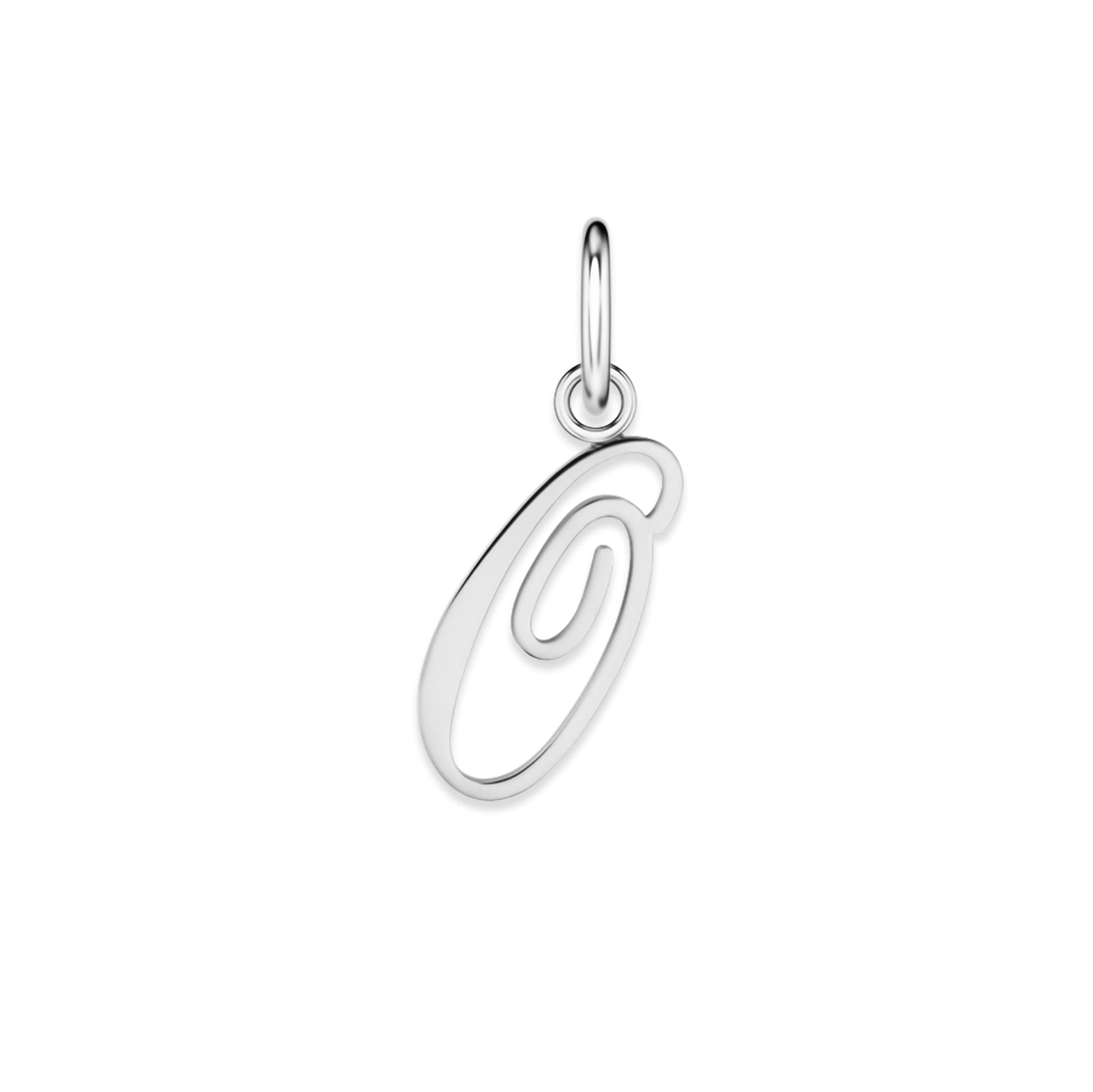 silver stainless steel cursive letter charm "O" on a white background