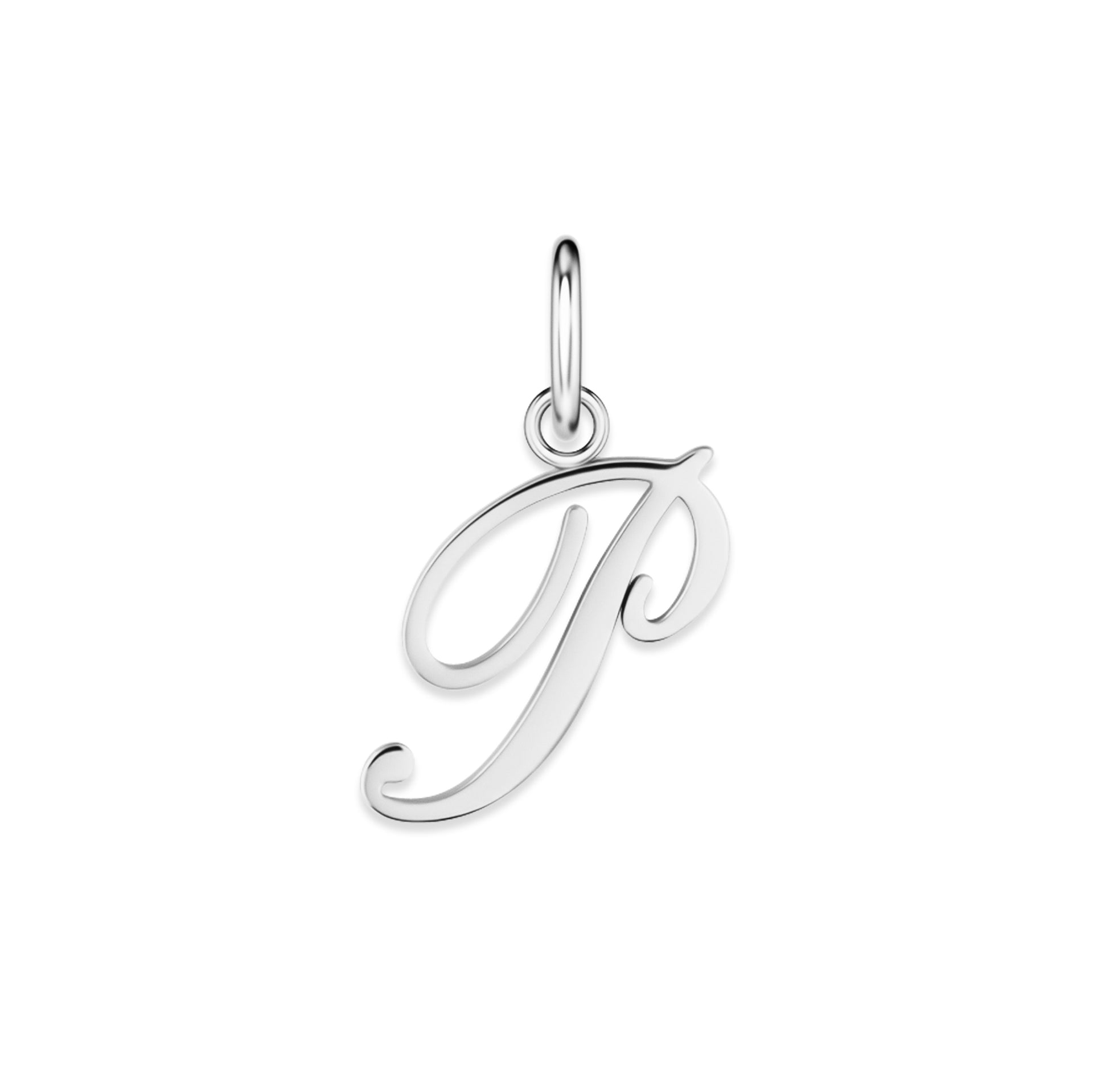 silver stainless steel cursive letter charm "P" on a white background