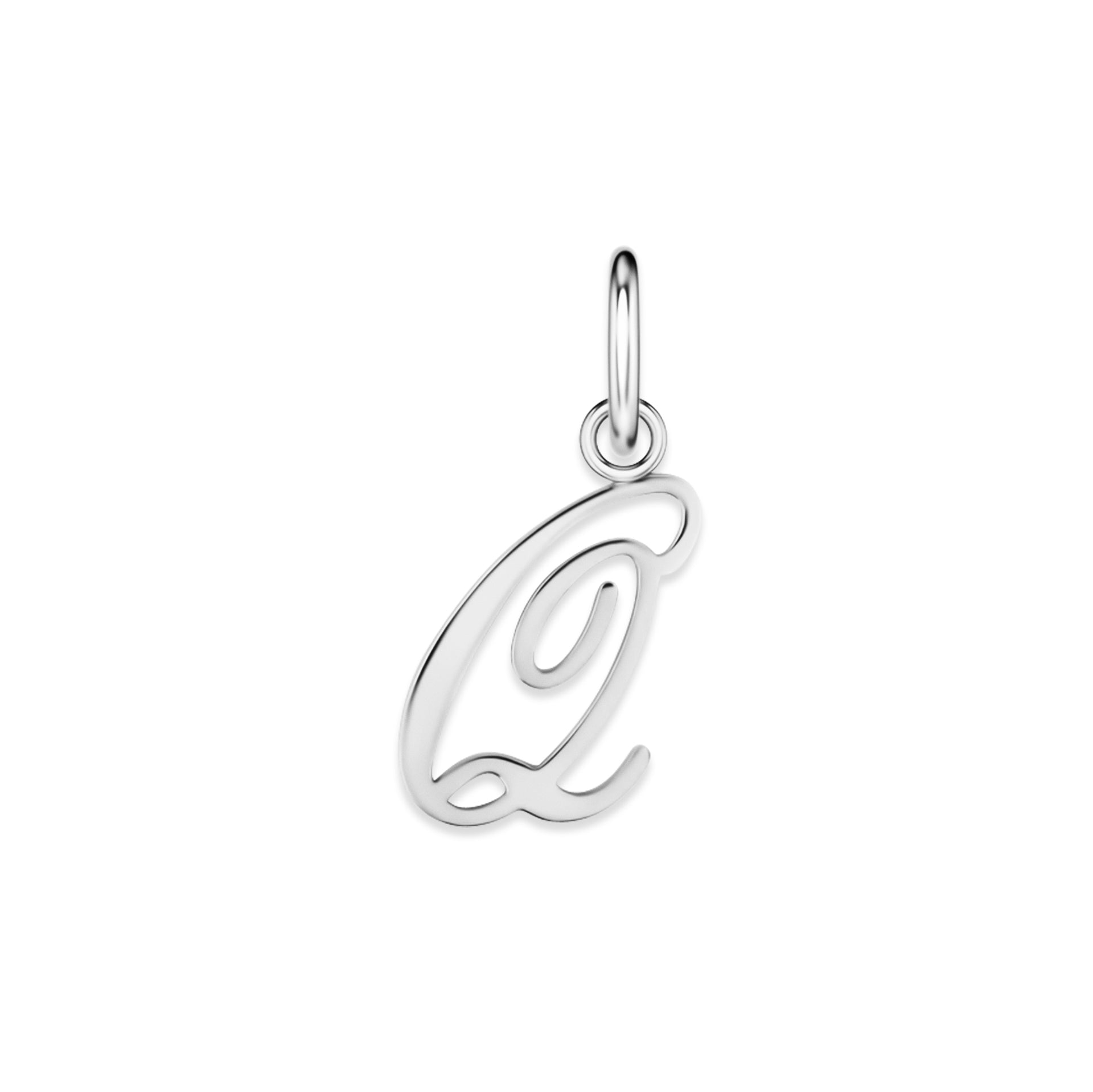 silver stainless steel cursive letter charm "Q" on a white background