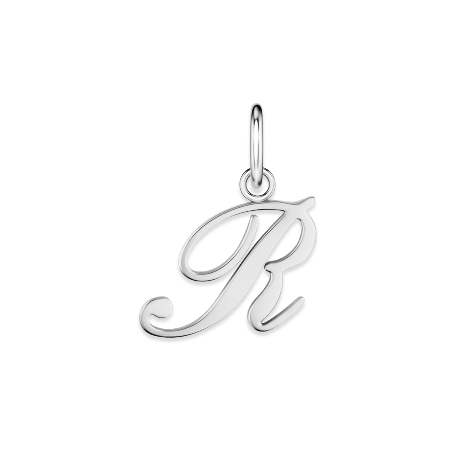 silver stainless steel cursive letter charm "R" on a white background