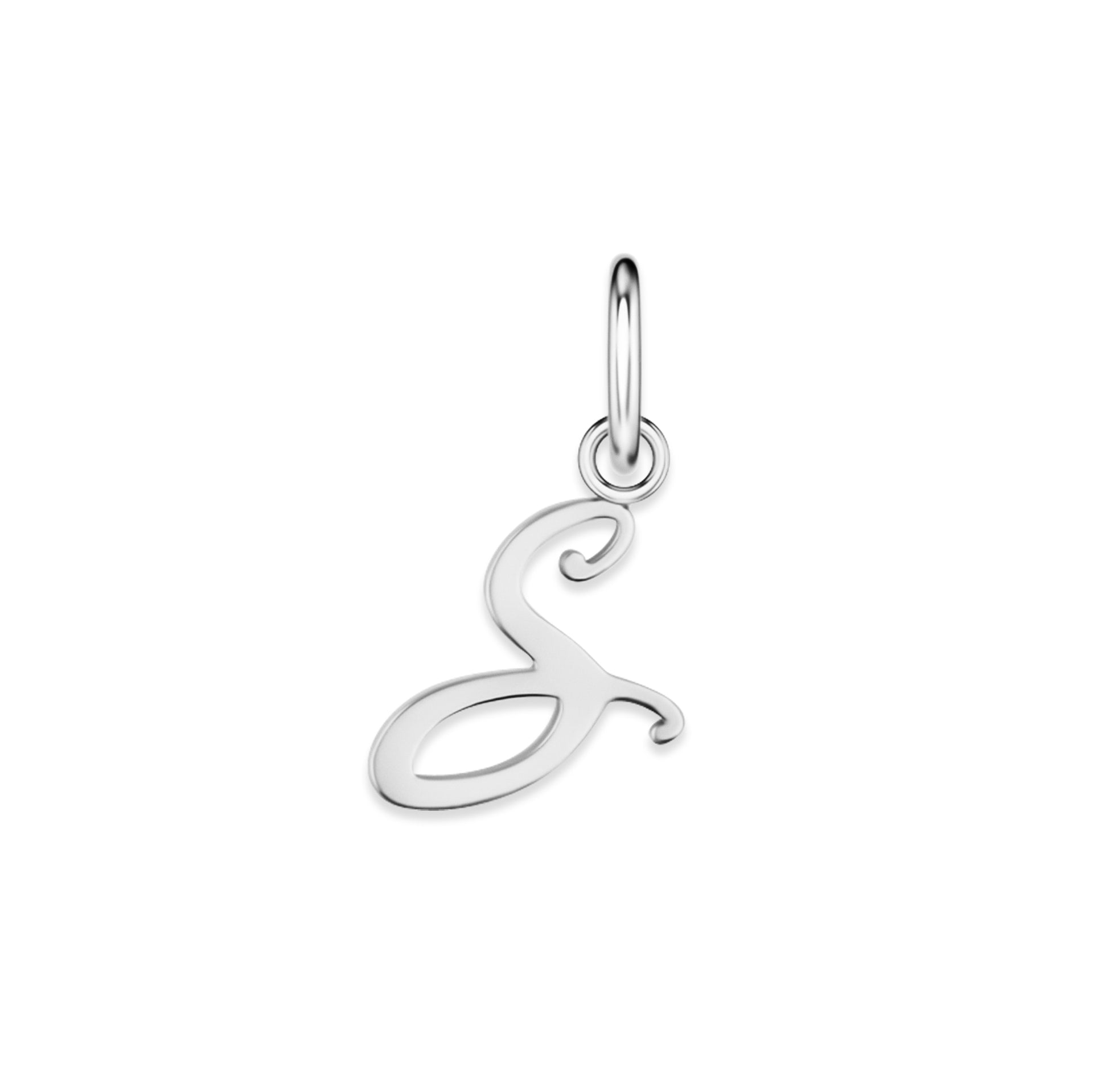 silver stainless steel cursive letter charm "S" on a white background