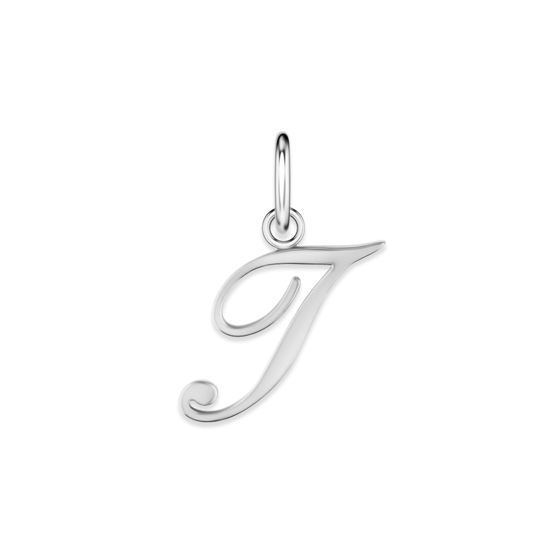 silver stainless steel cursive letter charm "T" on a white background
