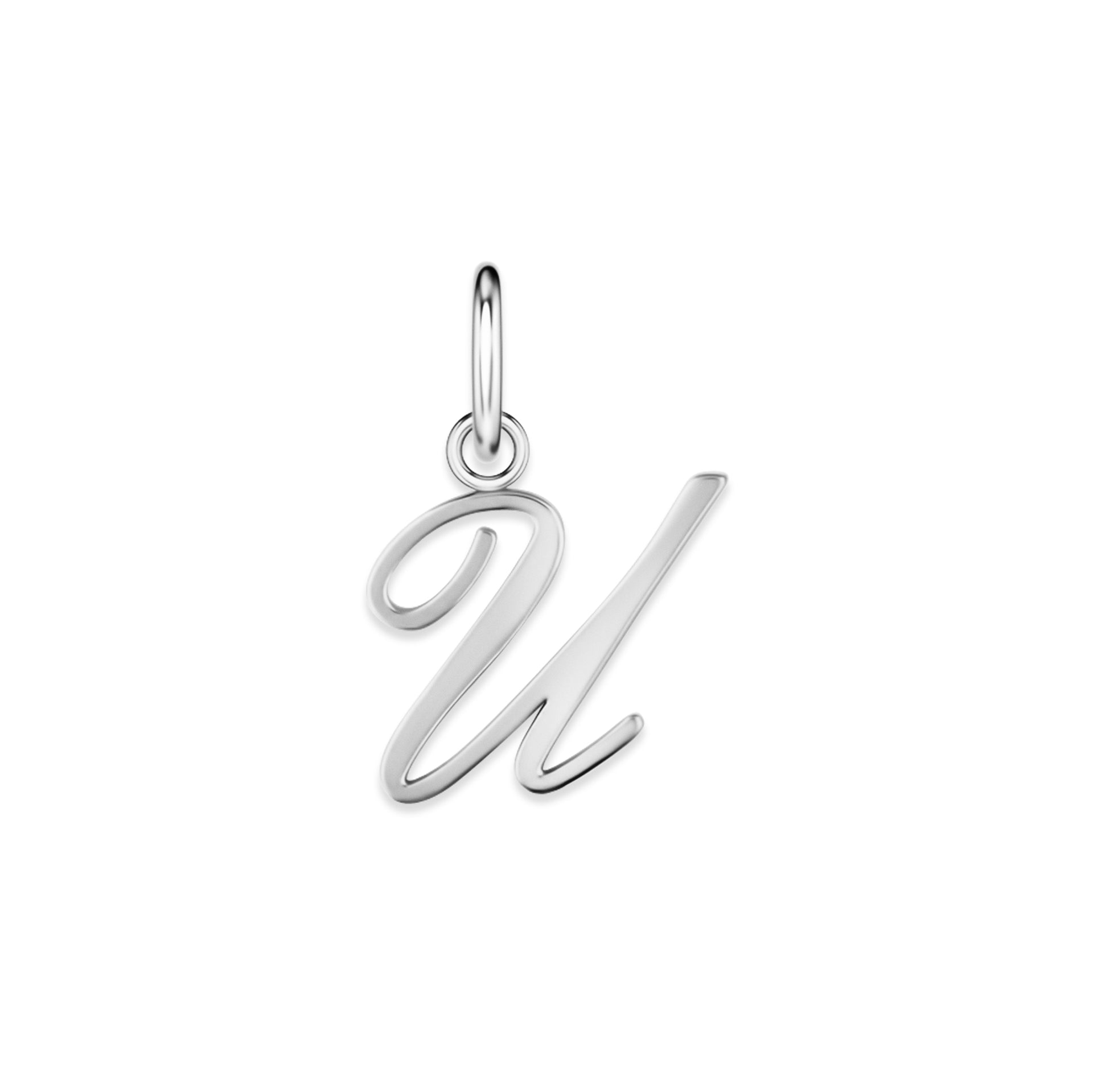 silver stainless steel cursive letter charm "U" on a white background