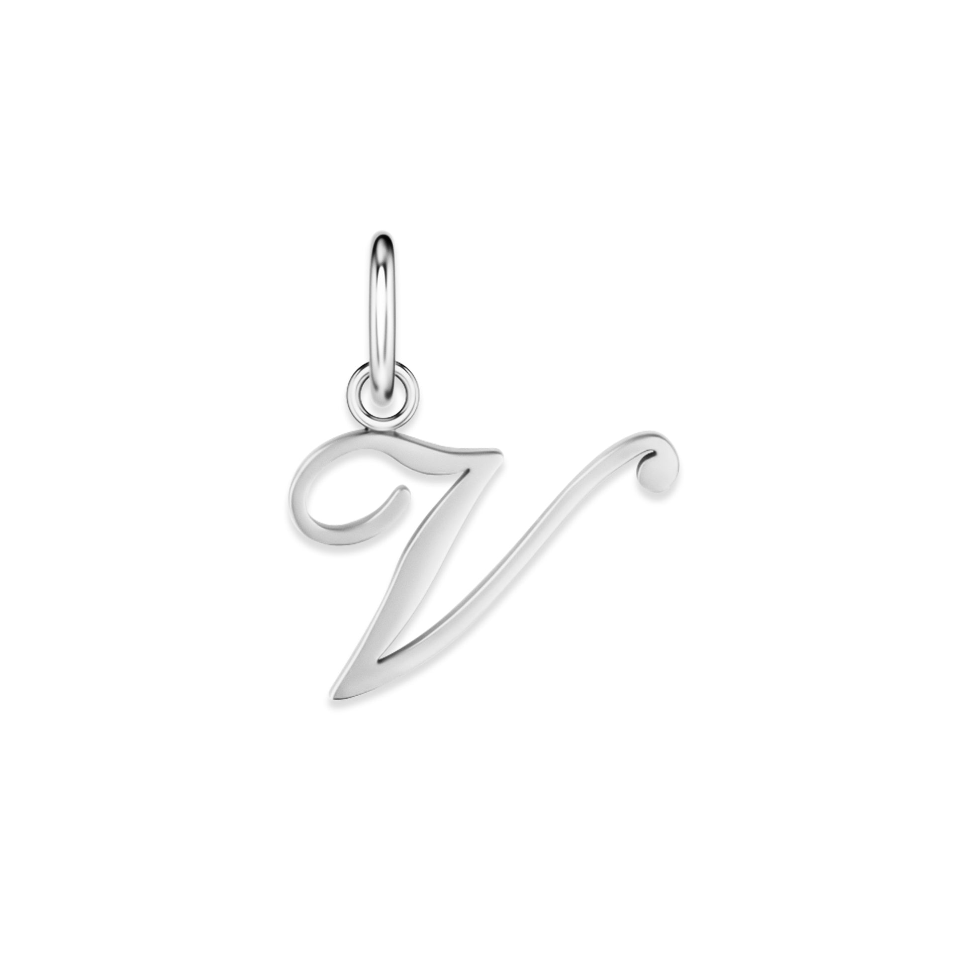 silver stainless steel cursive letter charm "V" on a white background