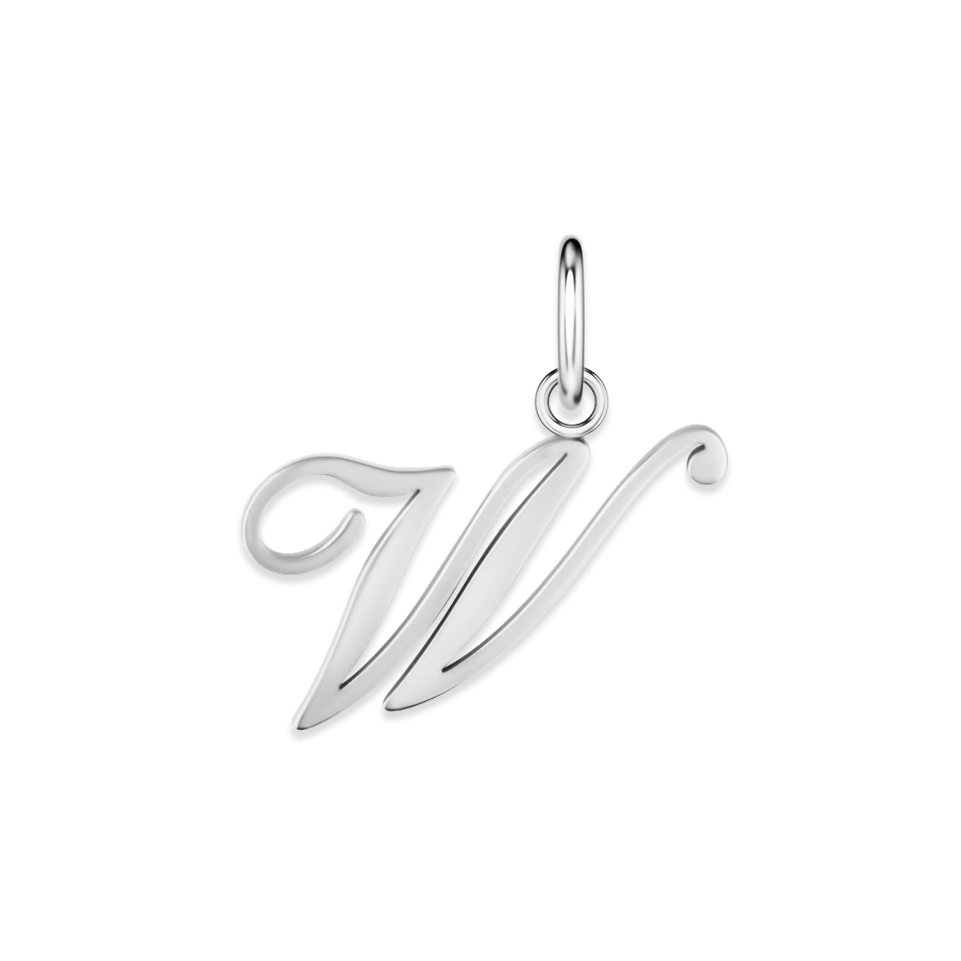 silver stainless steel cursive letter charm "W" on a white background