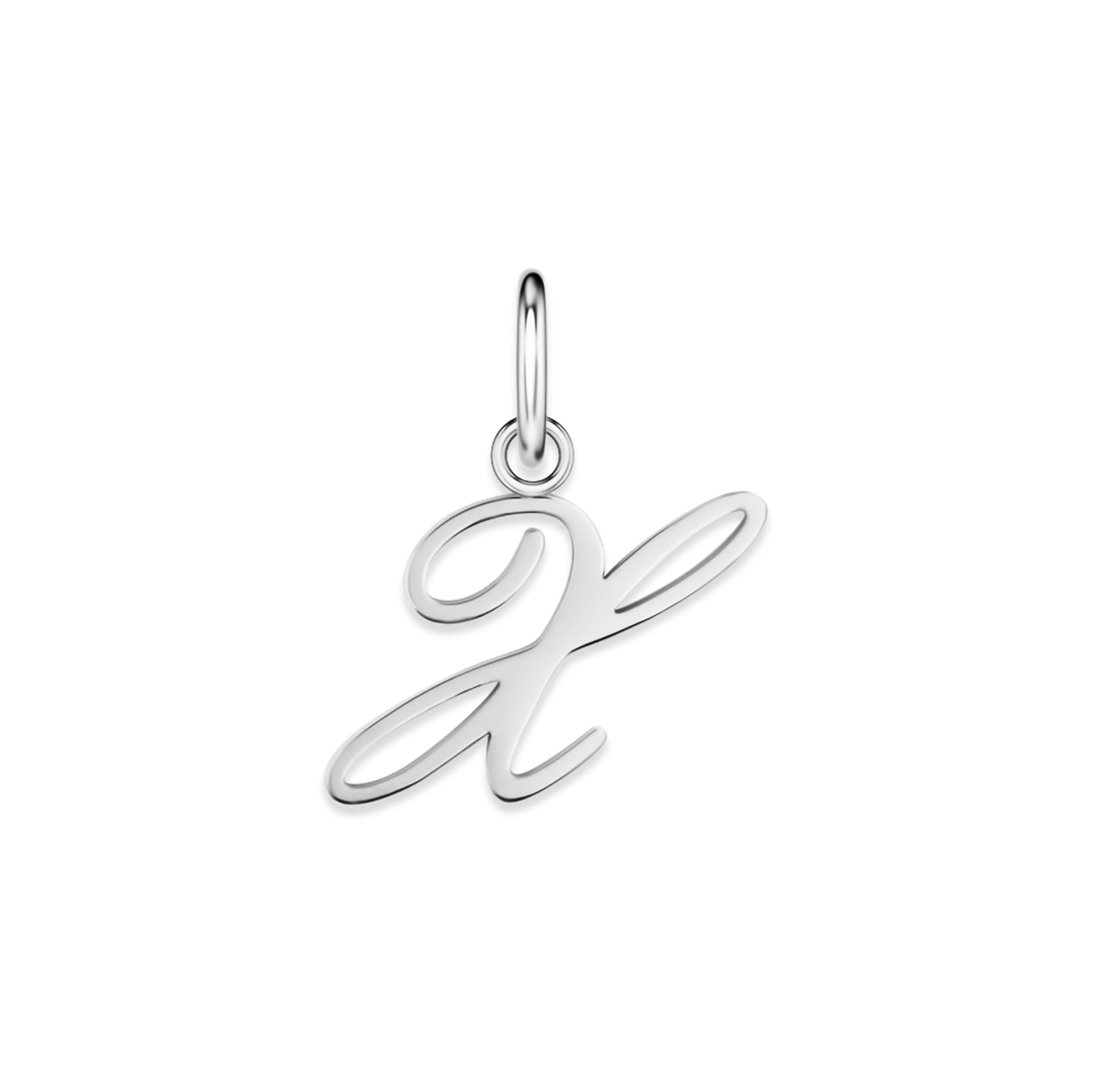 silver stainless steel cursive letter charm "X" on a white background