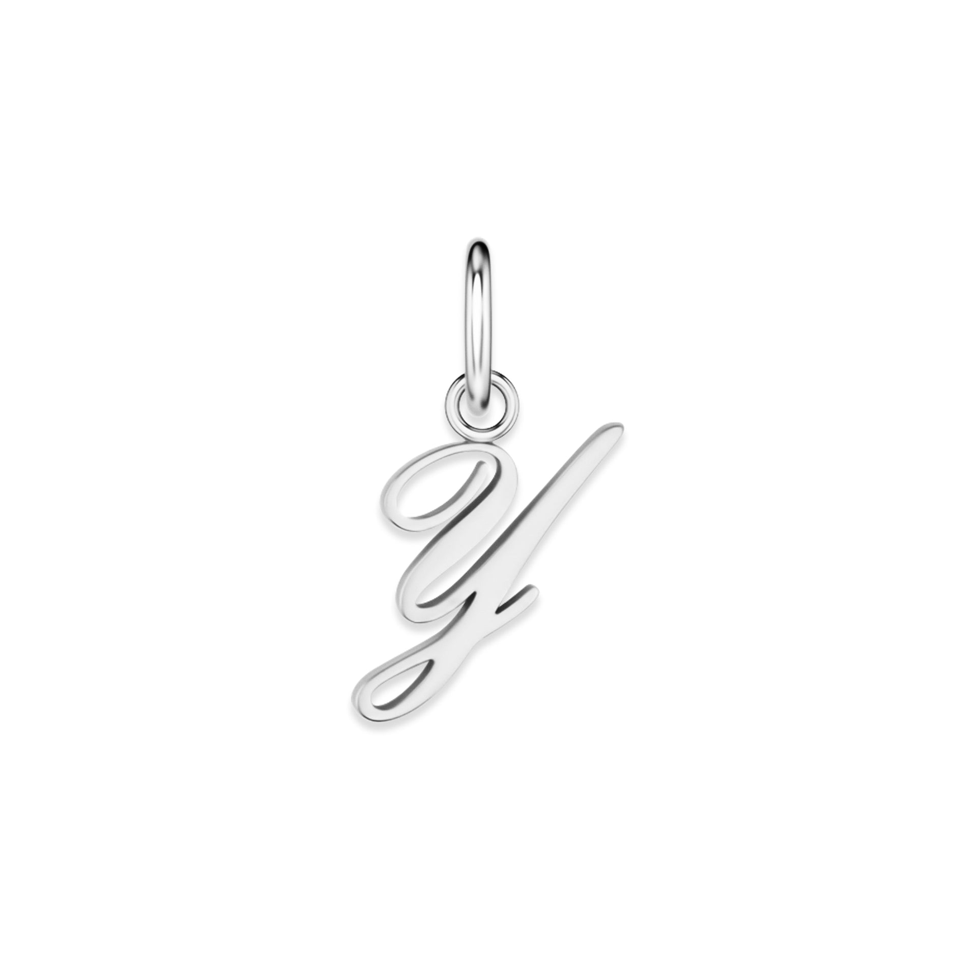 silver stainless steel cursive letter charm "Y" on a white background