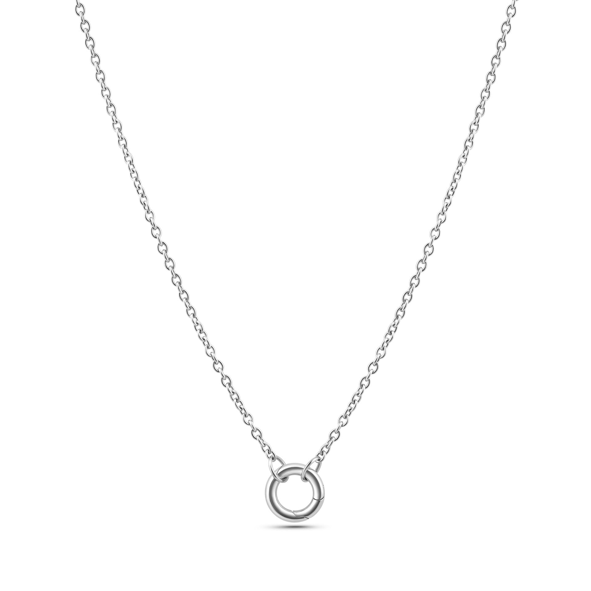 dainty silver stainless steel cable chain charm necklace on a white background
