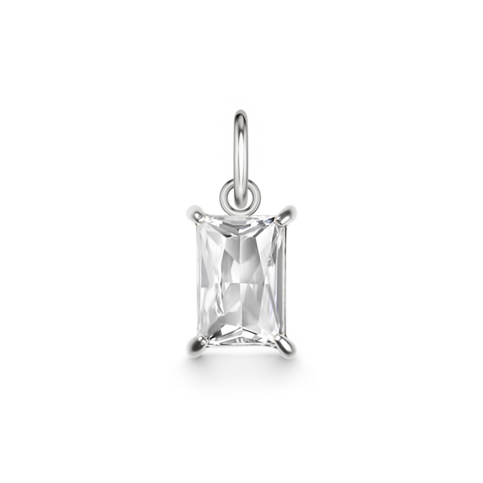 a stainless steel, radiant cut birthstone shown in April (Diamond) on a white background