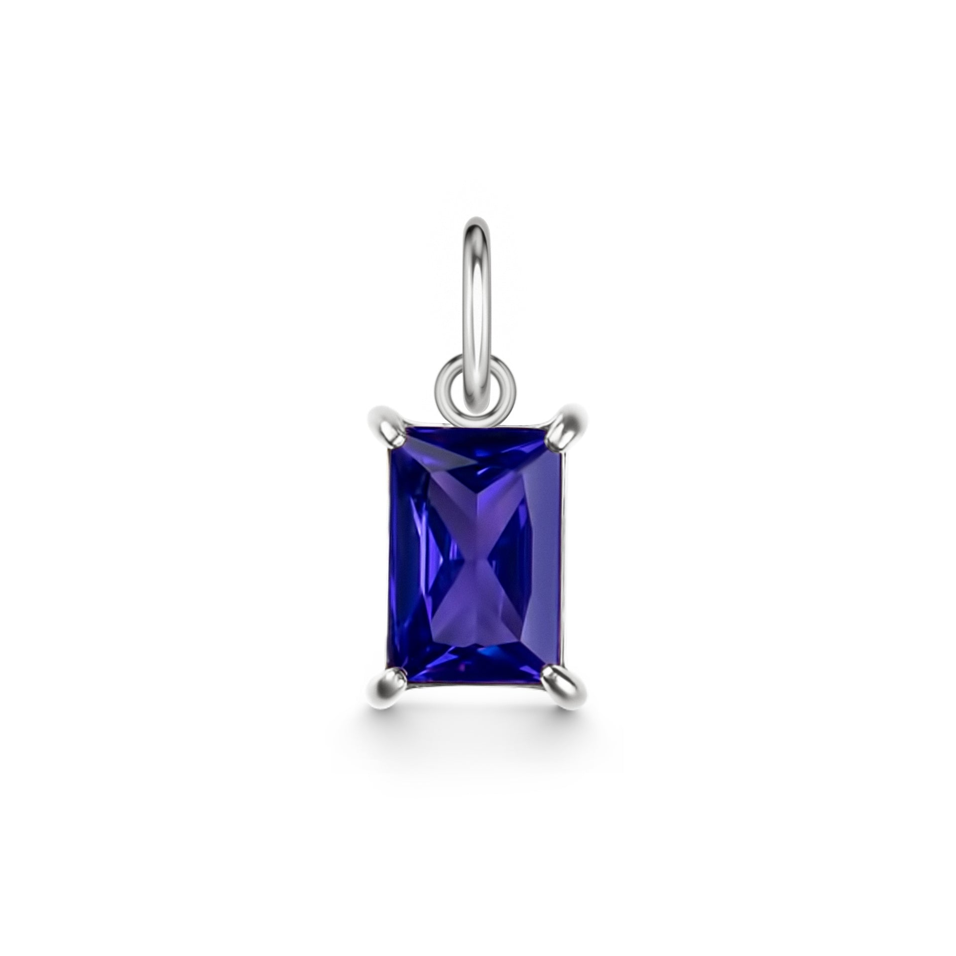a stainless steel, radiant cut birthstone shown in June (Alexandrite) on a white background