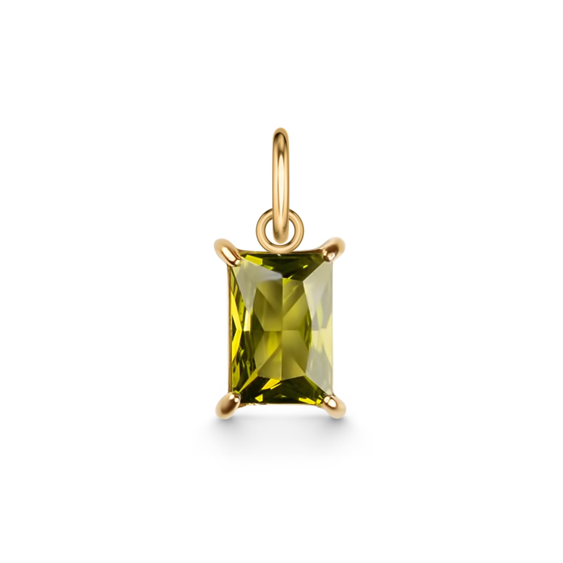 a 14k gold PVD plated stainless steel, radiant cut birthstone shown in August (Peridot) on a white background