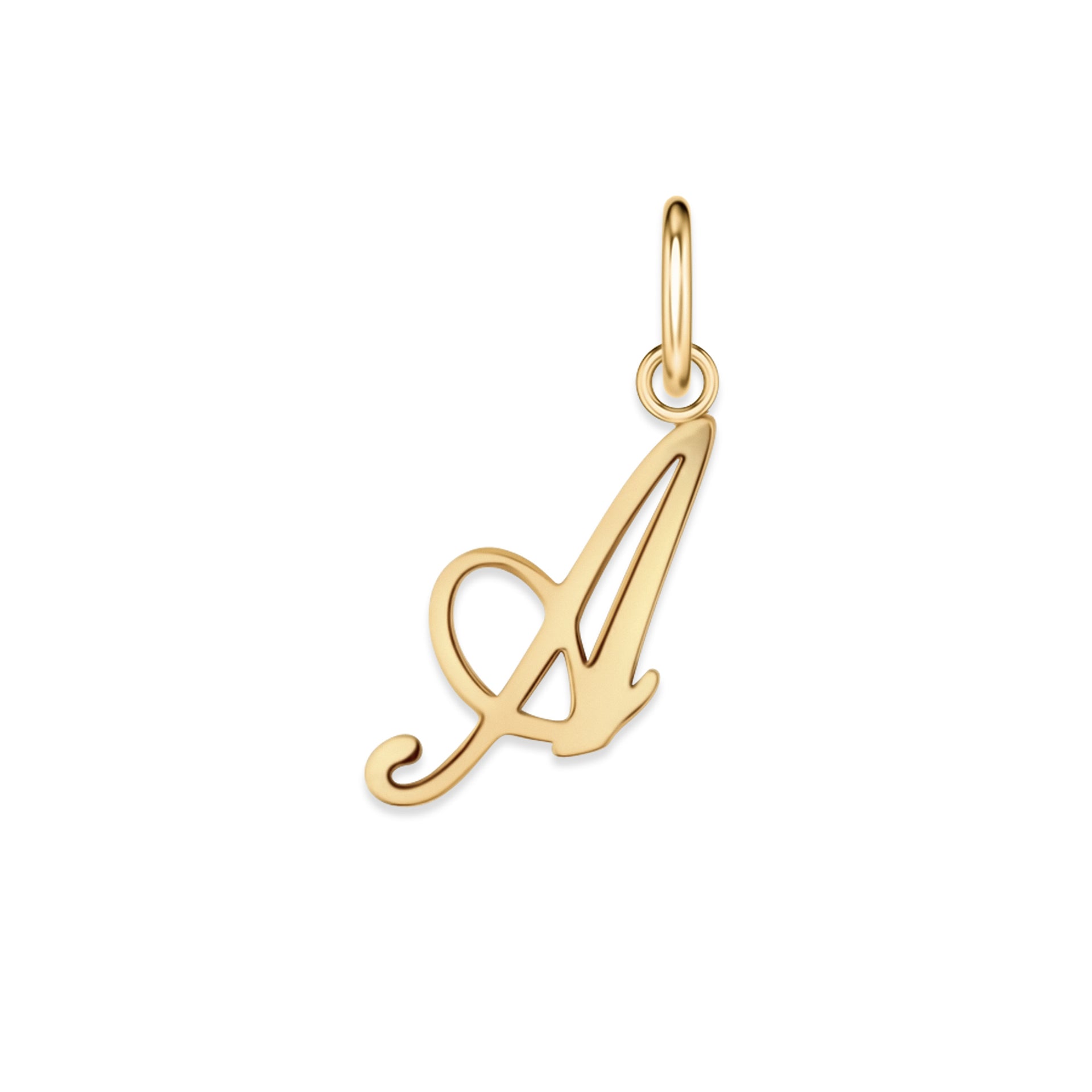 gold stainless steel cursive letter charm "A" on a white background