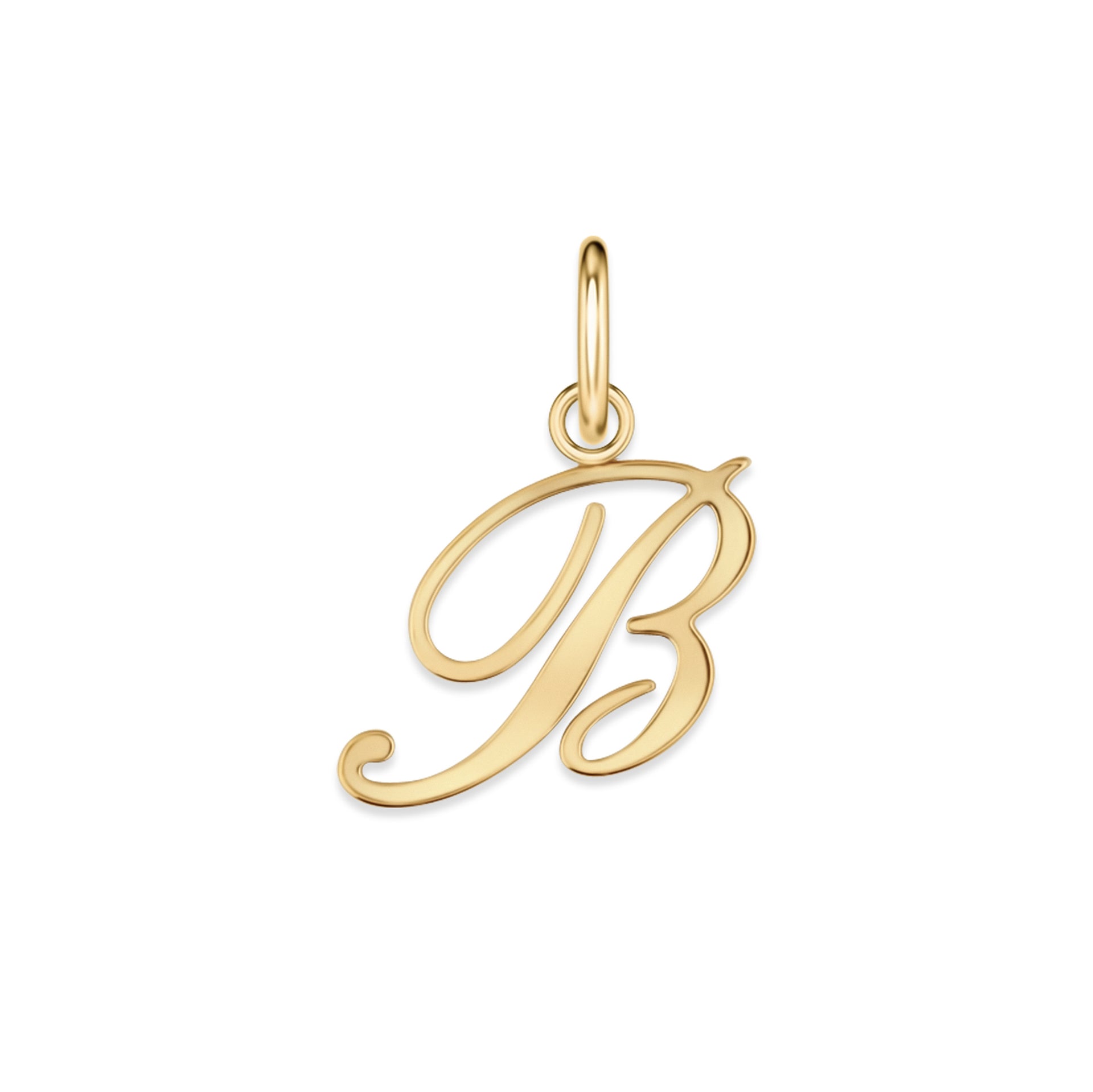 gold stainless steel cursive letter charm "B" on a white background