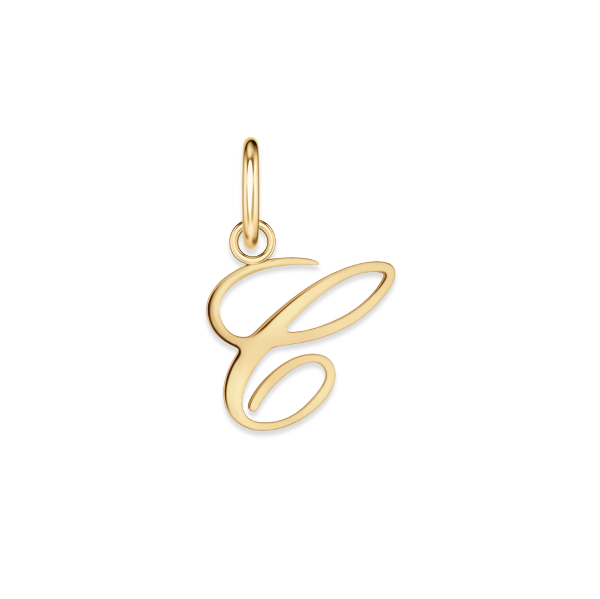 gold stainless steel cursive letter charm "C" on a white background