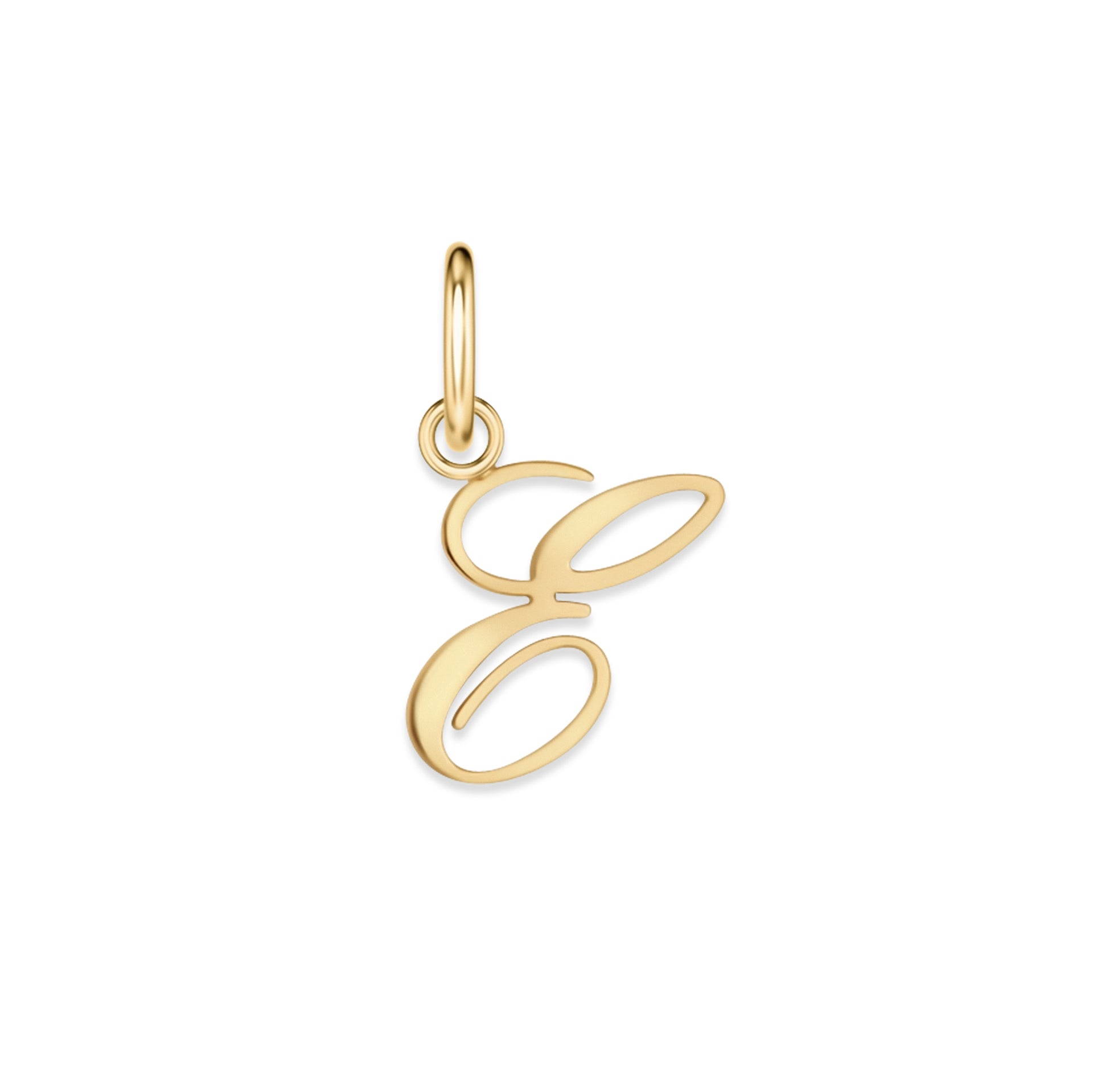 gold stainless steel cursive letter charm "E" on a white background