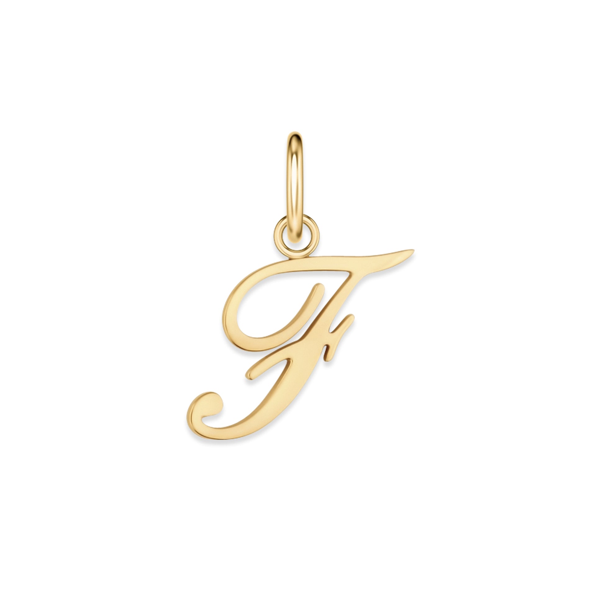 gold stainless steel cursive letter charm "F" on a white background