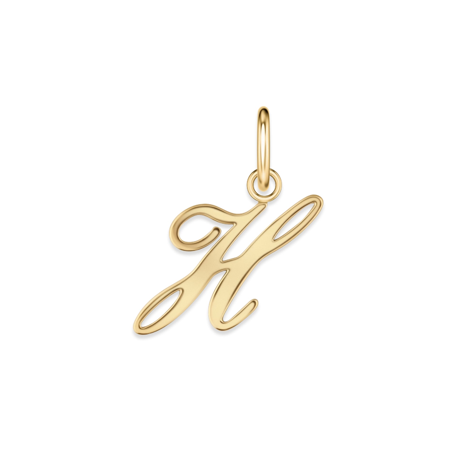gold stainless steel cursive letter charm "H" on a white background