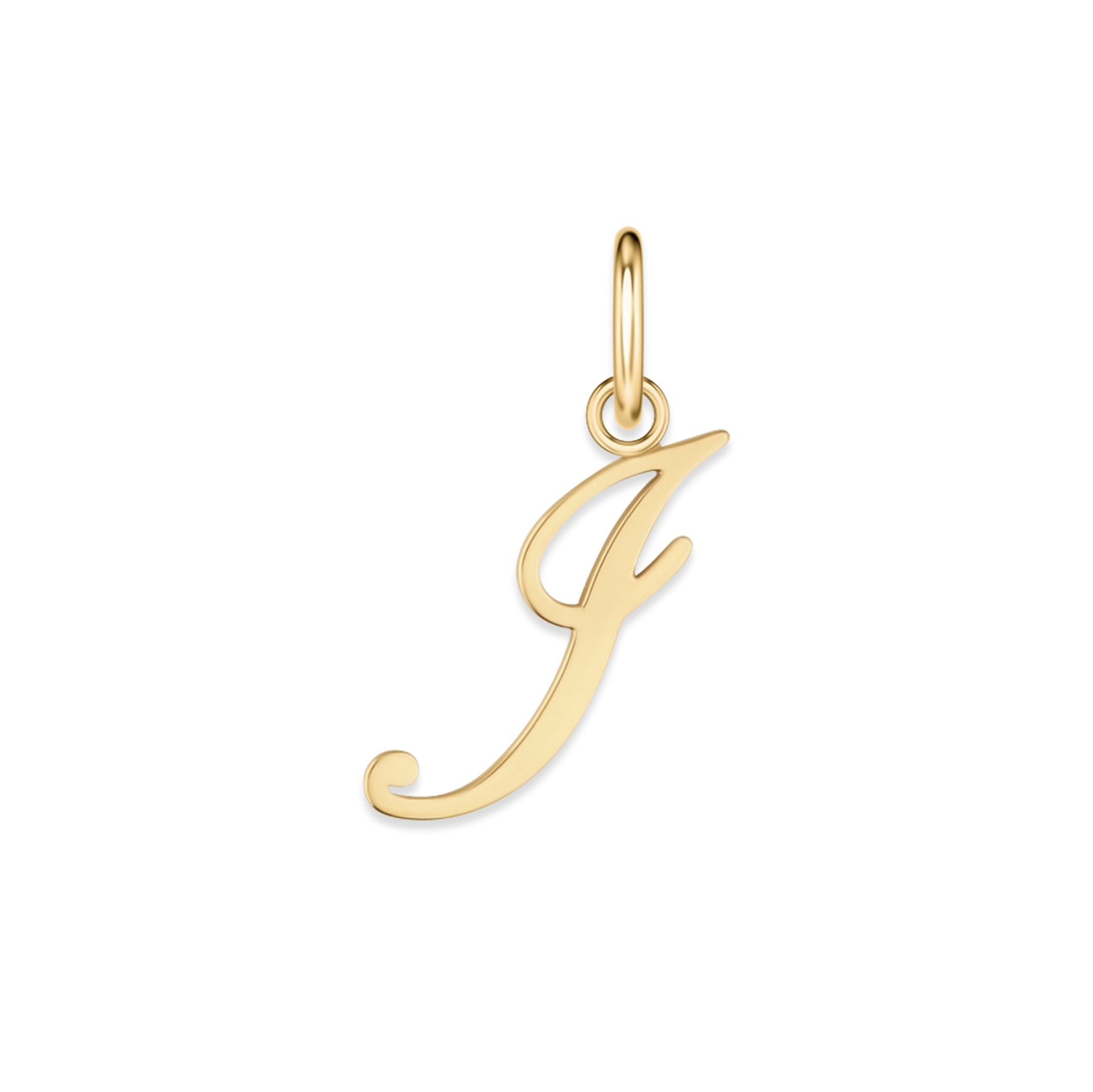 gold stainless steel cursive letter charm "I" on a white background