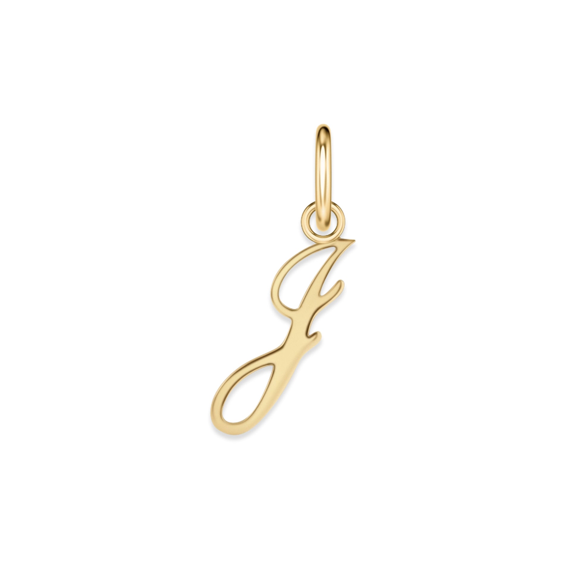 gold stainless steel cursive letter charm "J" on a white background