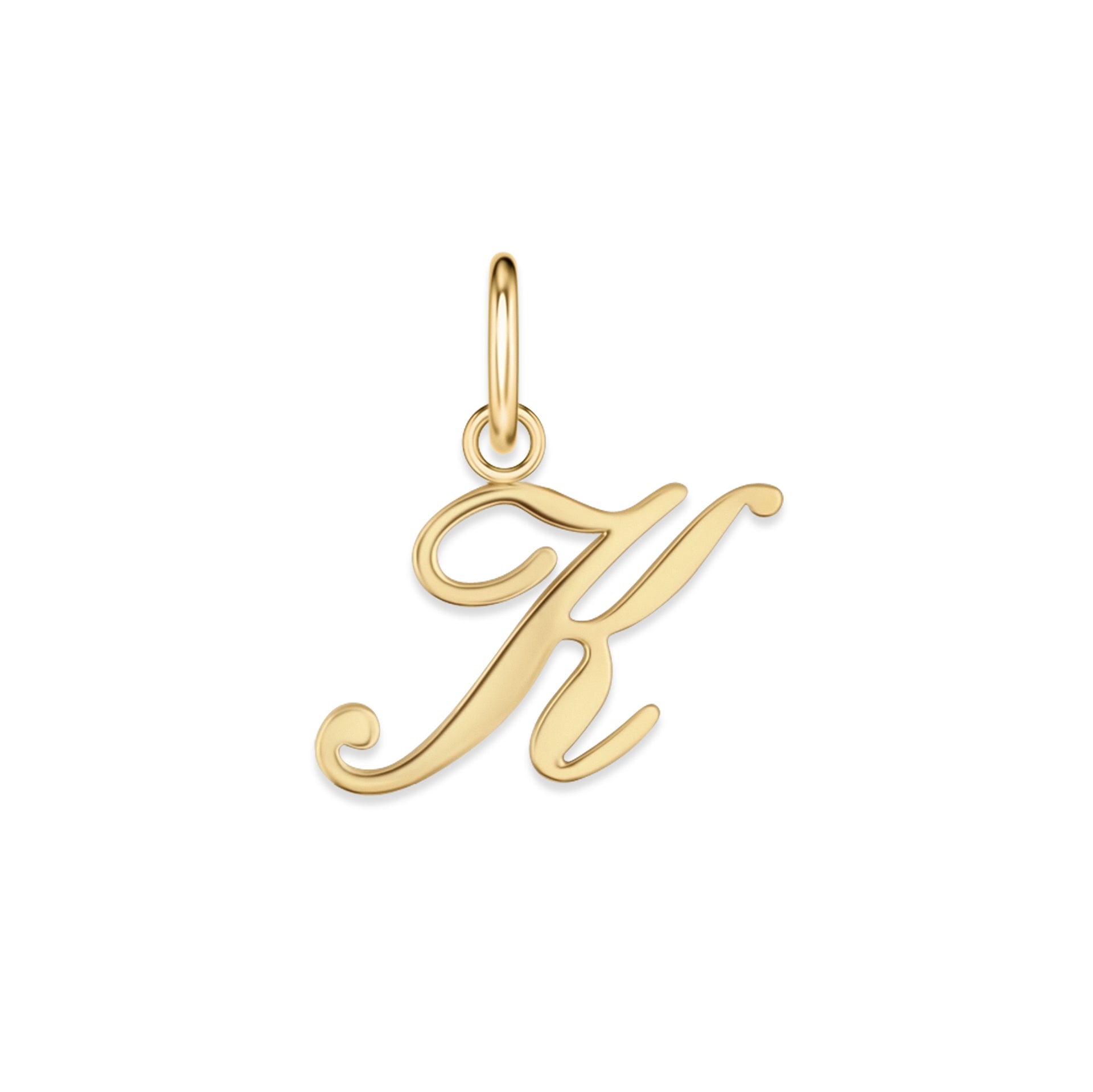 gold stainless steel cursive letter charm "K" on a white background