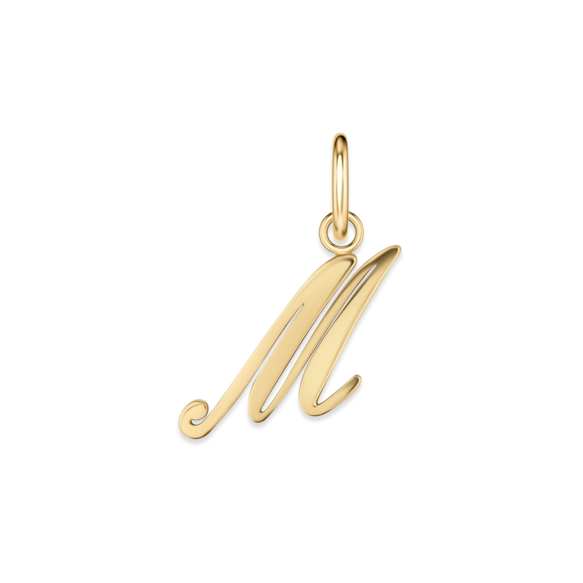 gold stainless steel cursive letter charm "M" on a white background