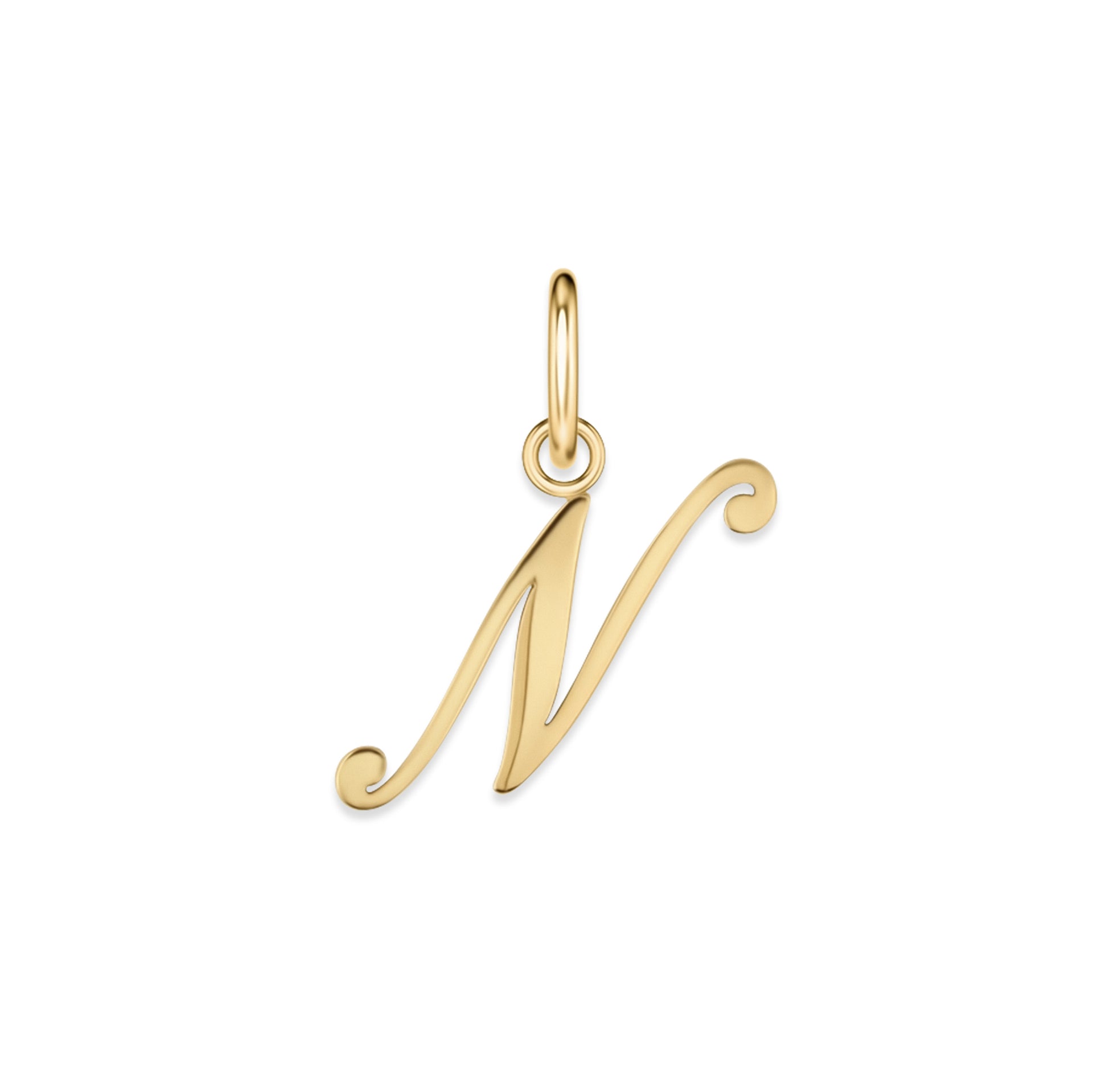 gold stainless steel cursive letter charm "N" on a white background