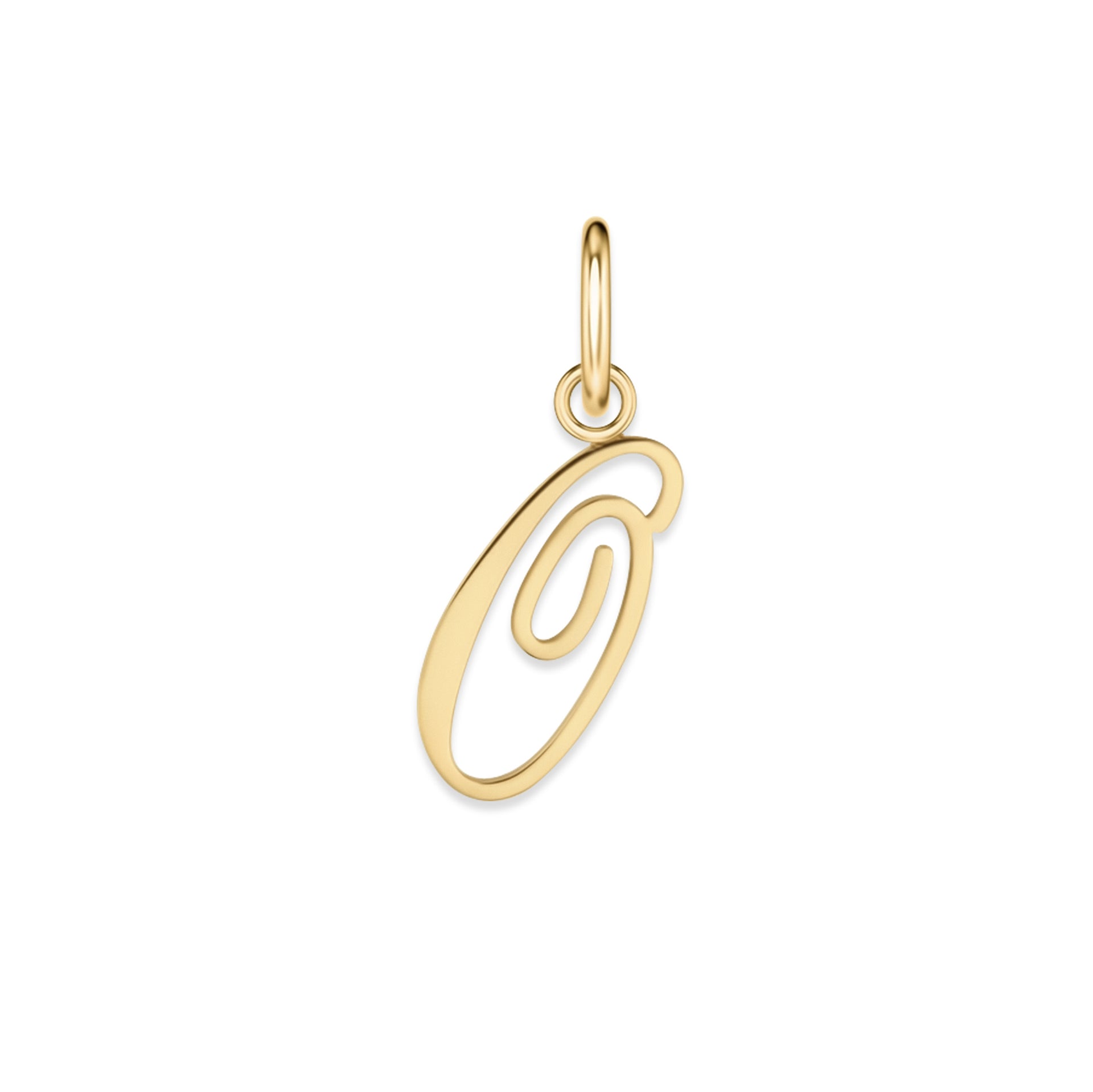 gold stainless steel cursive letter charm "O" on a white background