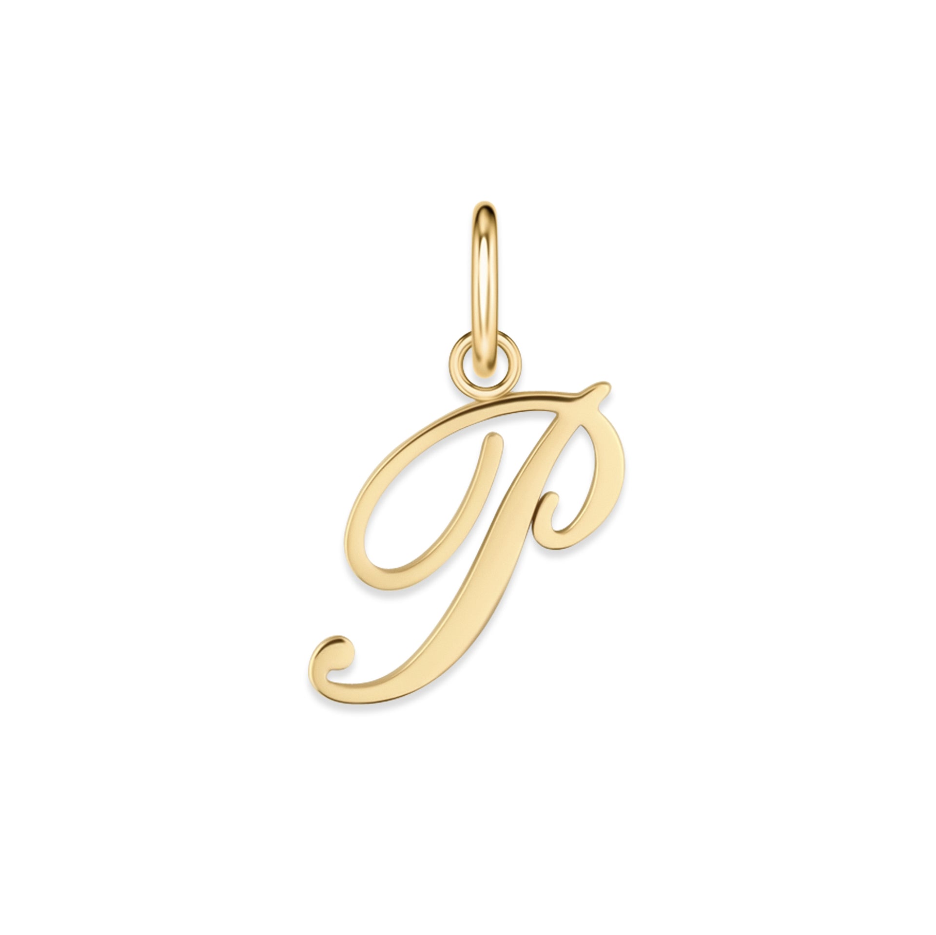gold stainless steel cursive letter charm "P" on a white background