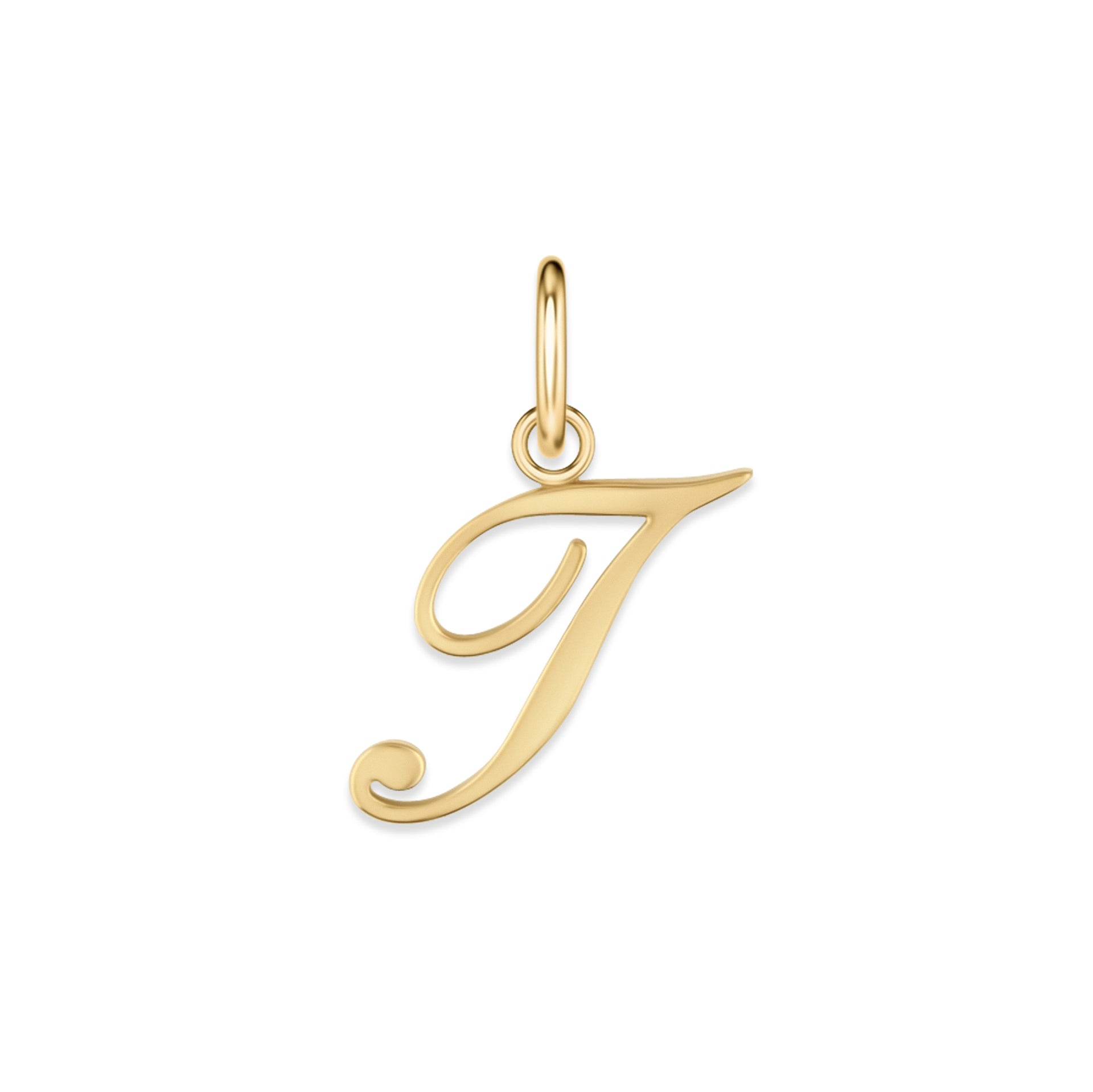 gold stainless steel cursive letter charm "T" on a white background