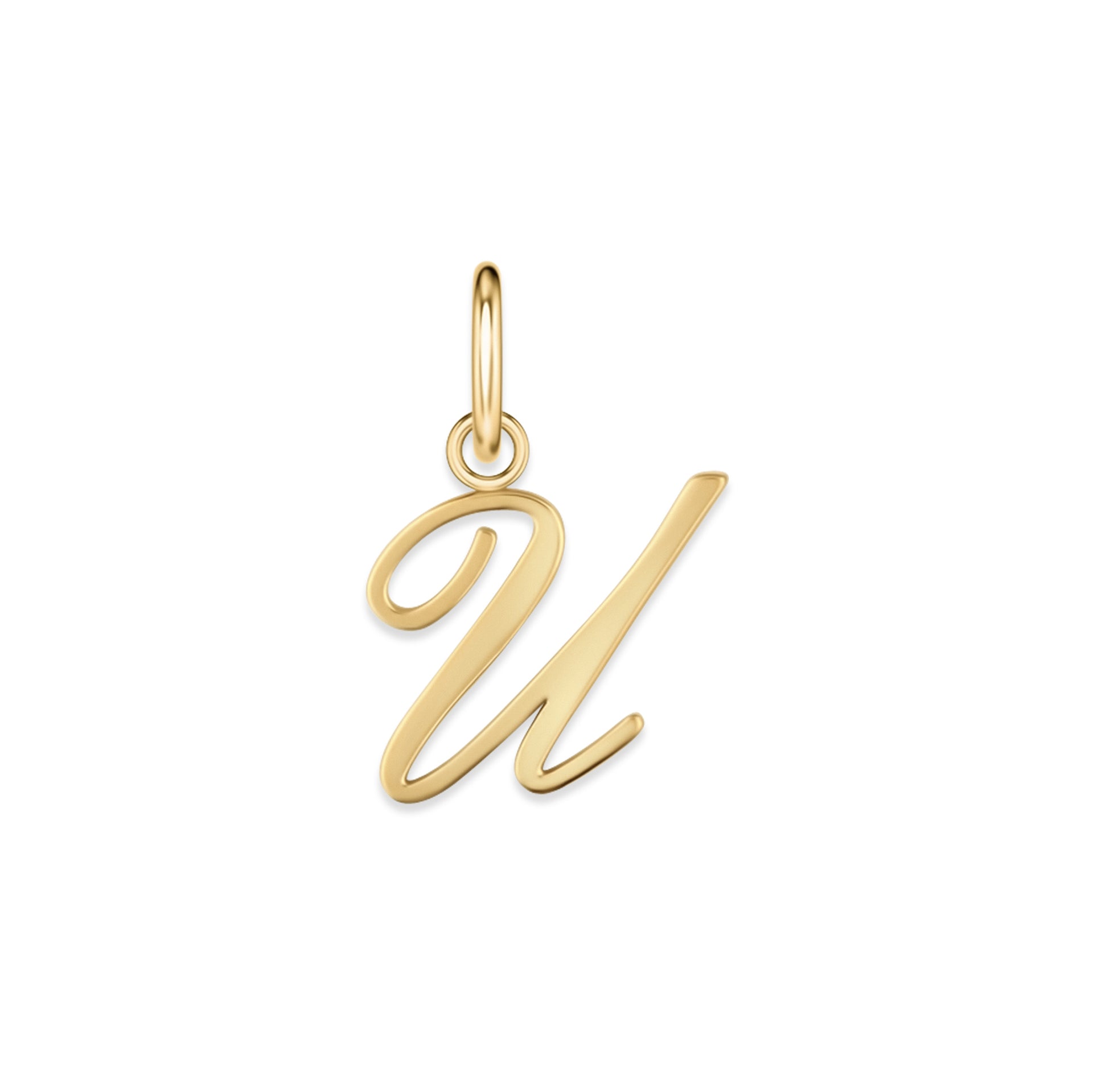 gold stainless steel cursive letter charm "U" on a white background