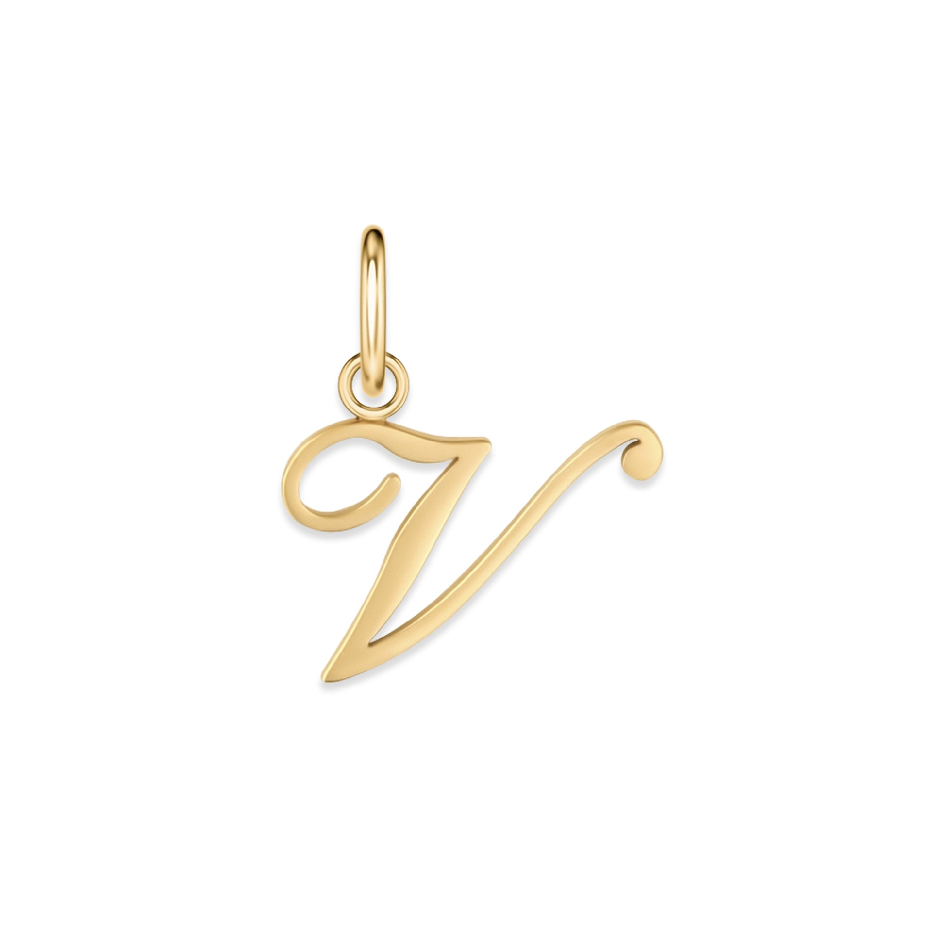 gold stainless steel cursive letter charm "V" on a white background