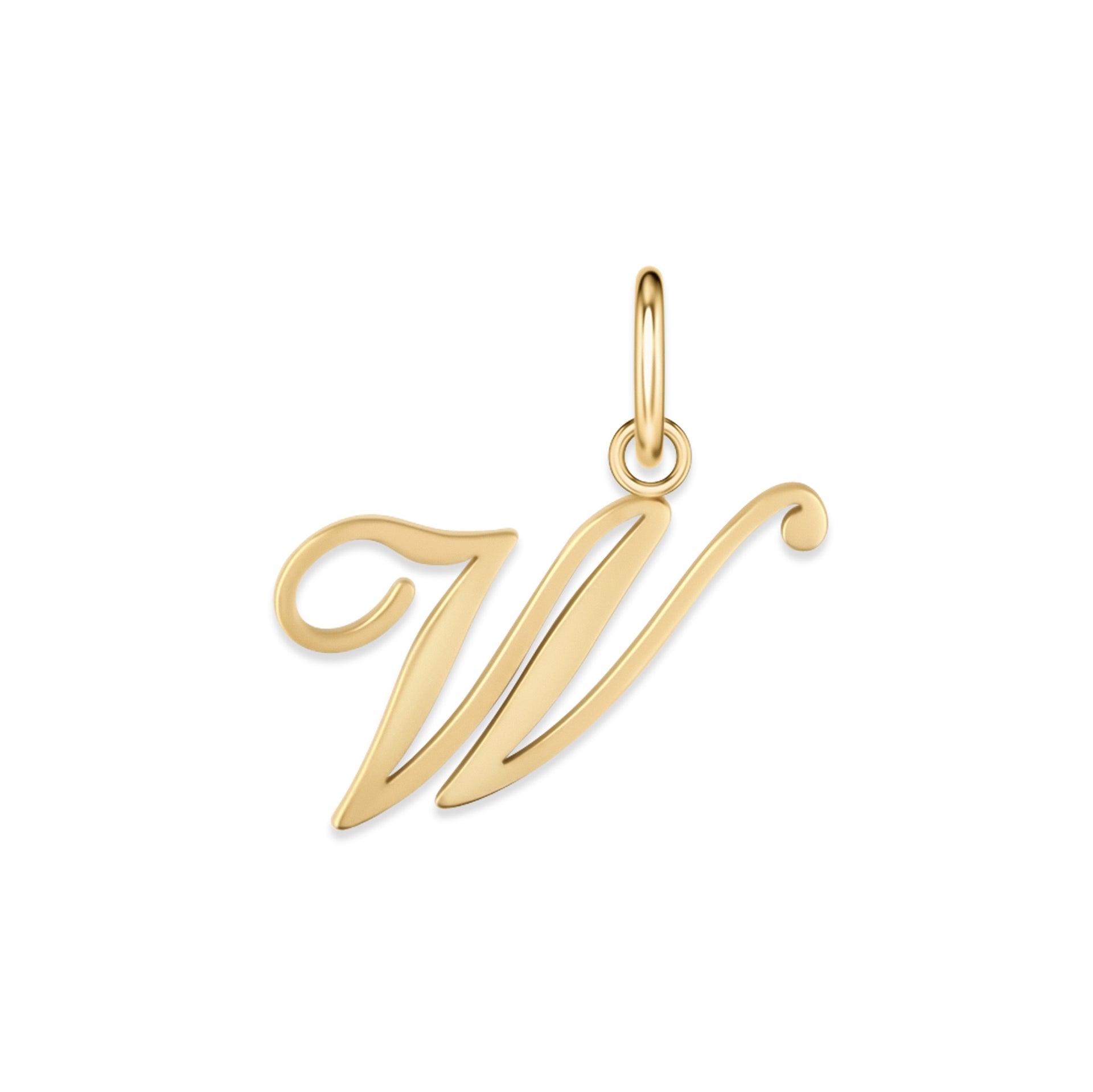 gold stainless steel cursive letter charm "W" on a white background