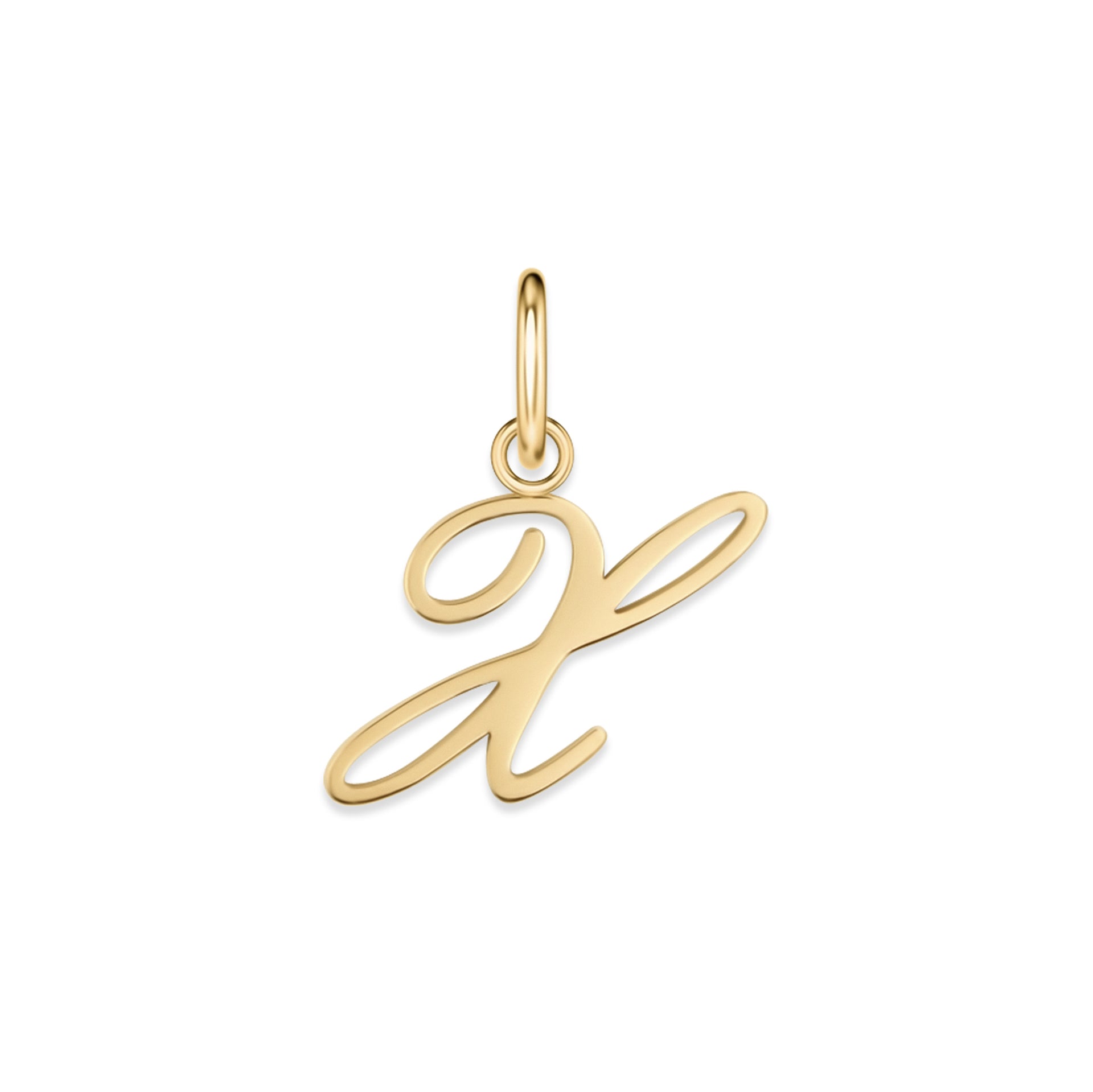 gold stainless steel cursive letter charm "X" on a white background