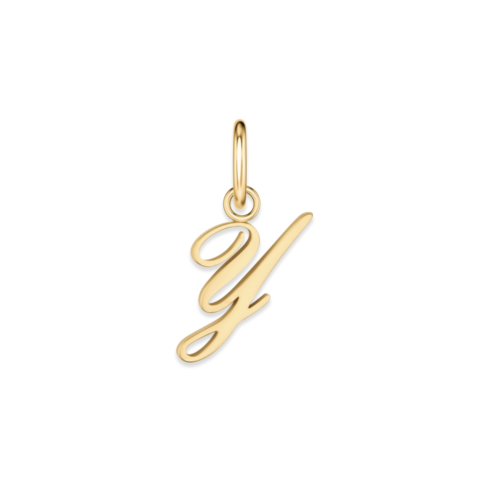gold stainless steel cursive letter charm "Y" on a white background