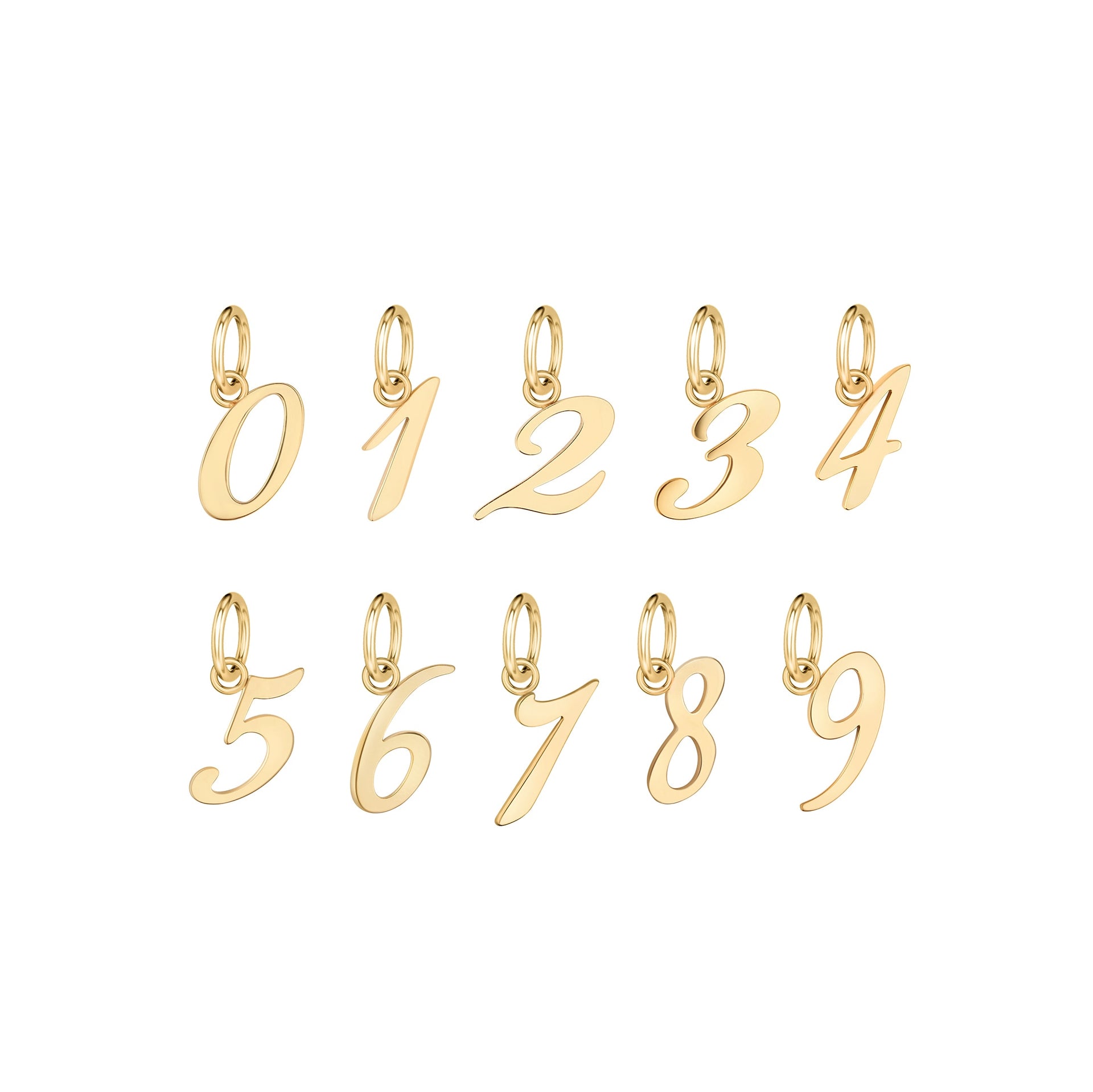 a set of gold stainless steel number charms 0-9 on a white background