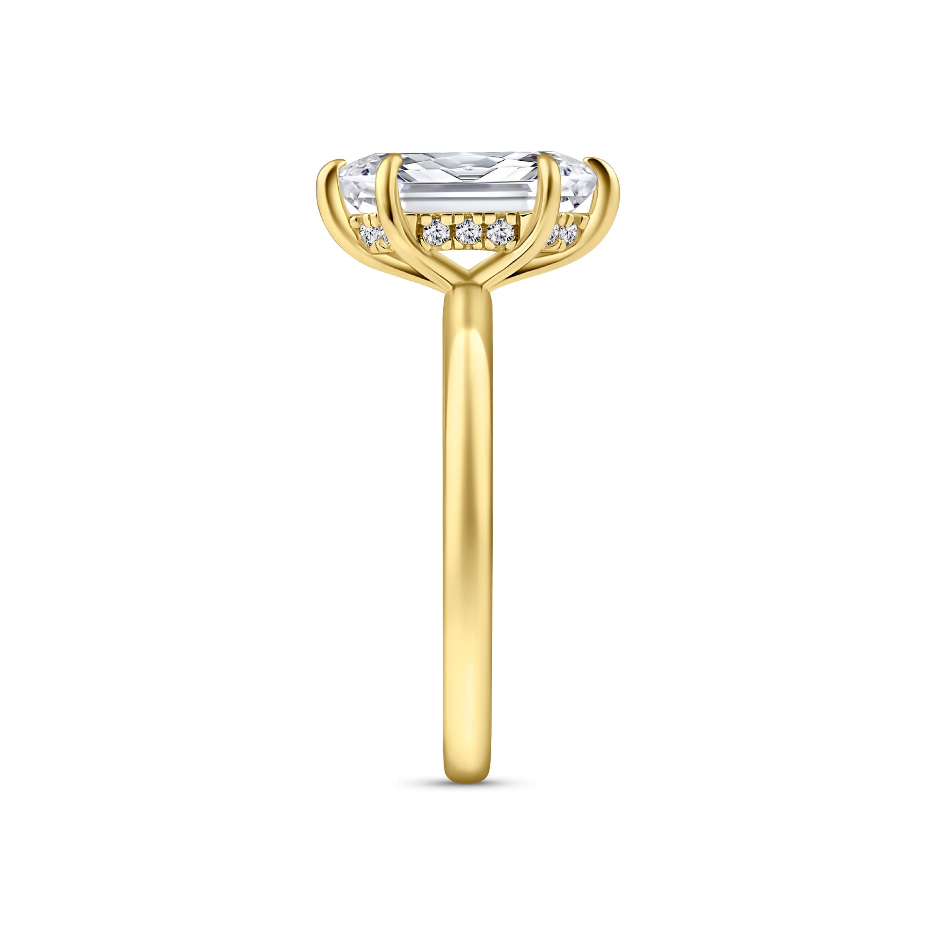 complete side view of a gold 2.5 carat hexagon cut solitaire engagement ring with a hidden halo on a white background