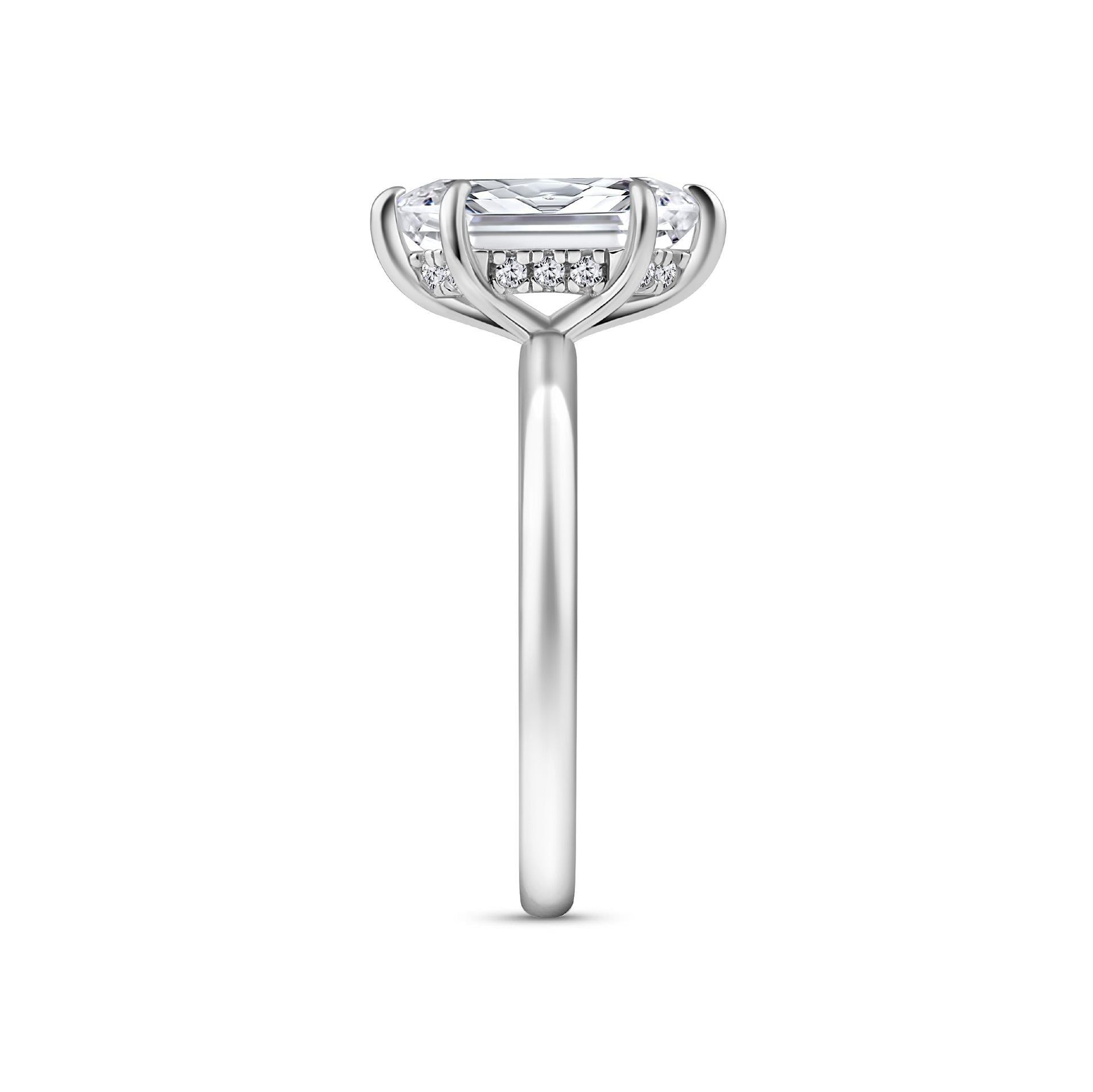 complete side view of a 2.5 carat hexagon cut solitaire engagement ring with a hidden halo on a white background
