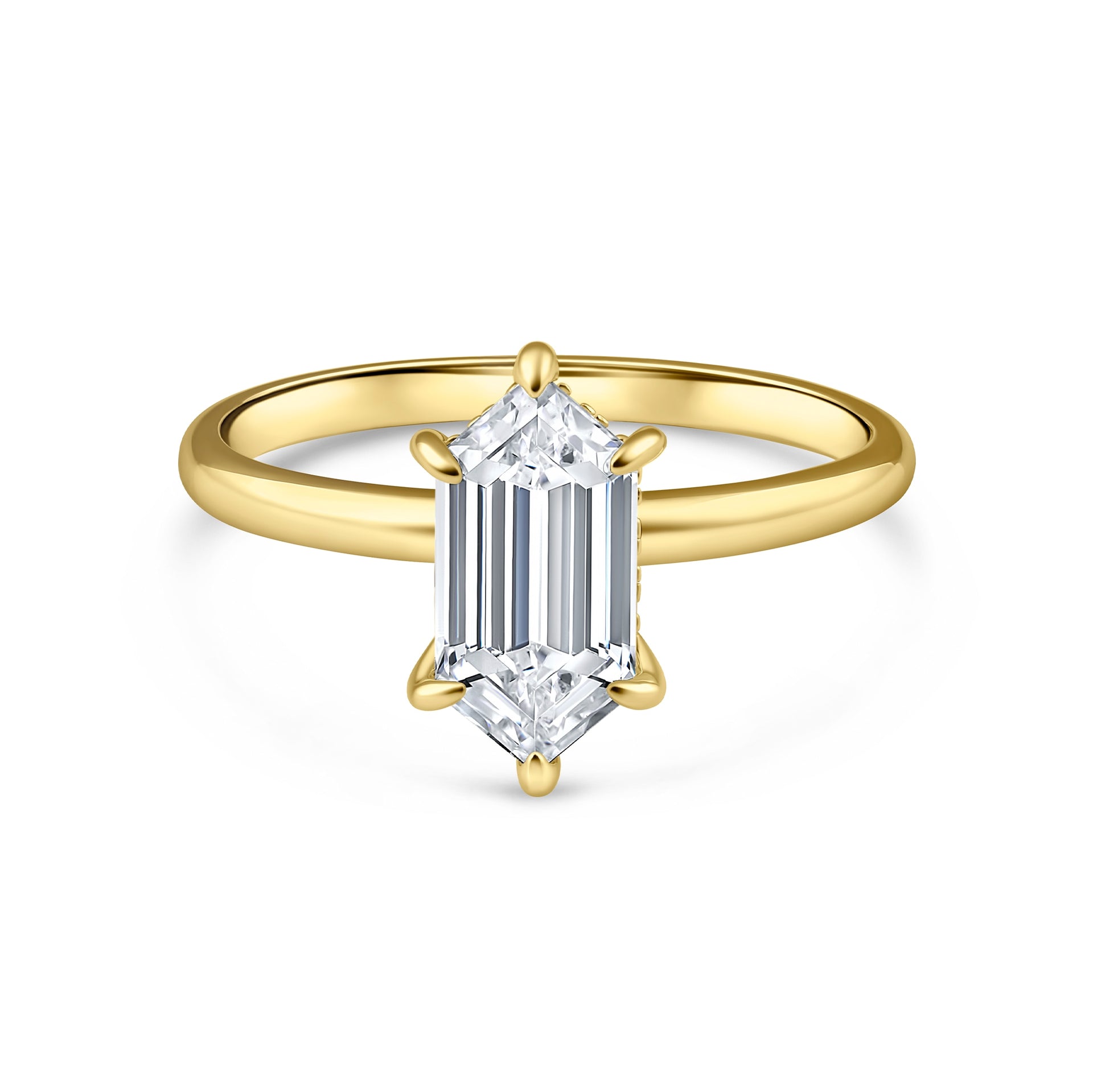 a gold 2.5 carat hexagon cut, 6 prong solitaire engagement ring on a white background