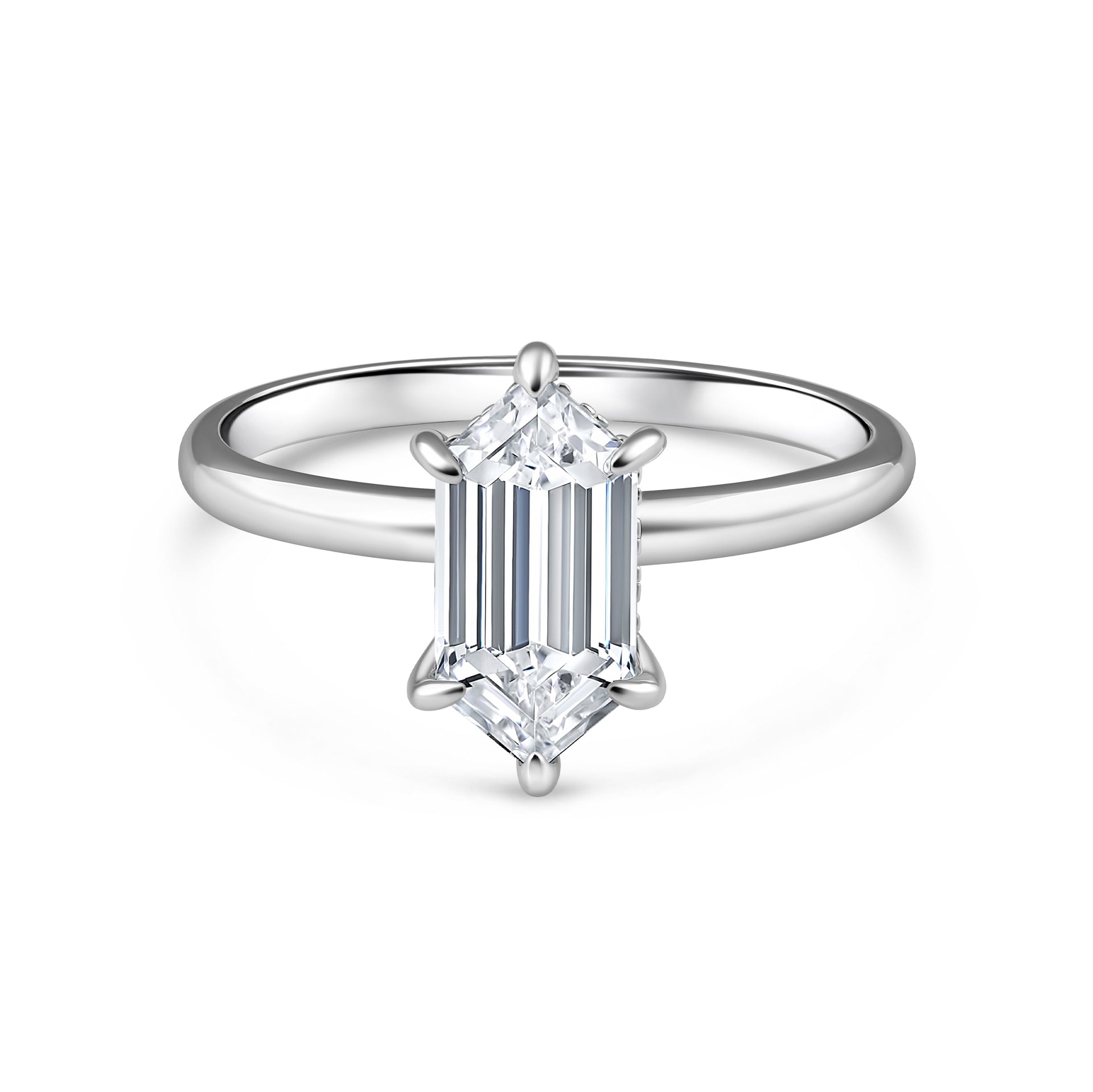 a silver 2.5 carat hexagon cut, 6 prong solitaire engagement ring on a white background