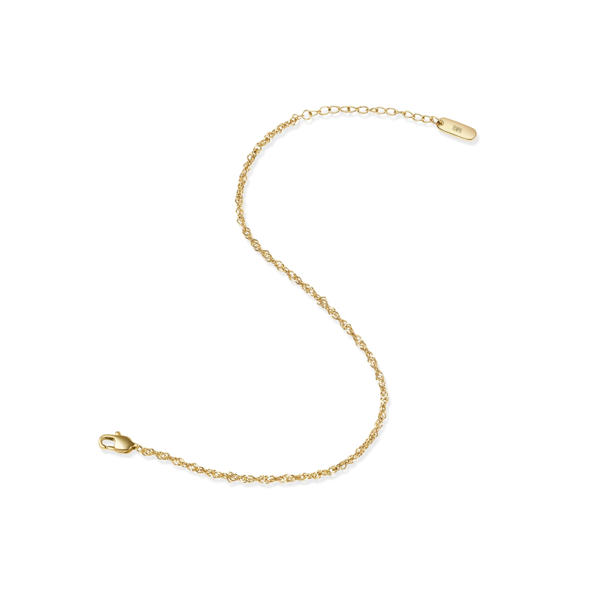14k gold PVD plated stainless steel singapore chain bracelet with an extender in an open "S" pose on a white background