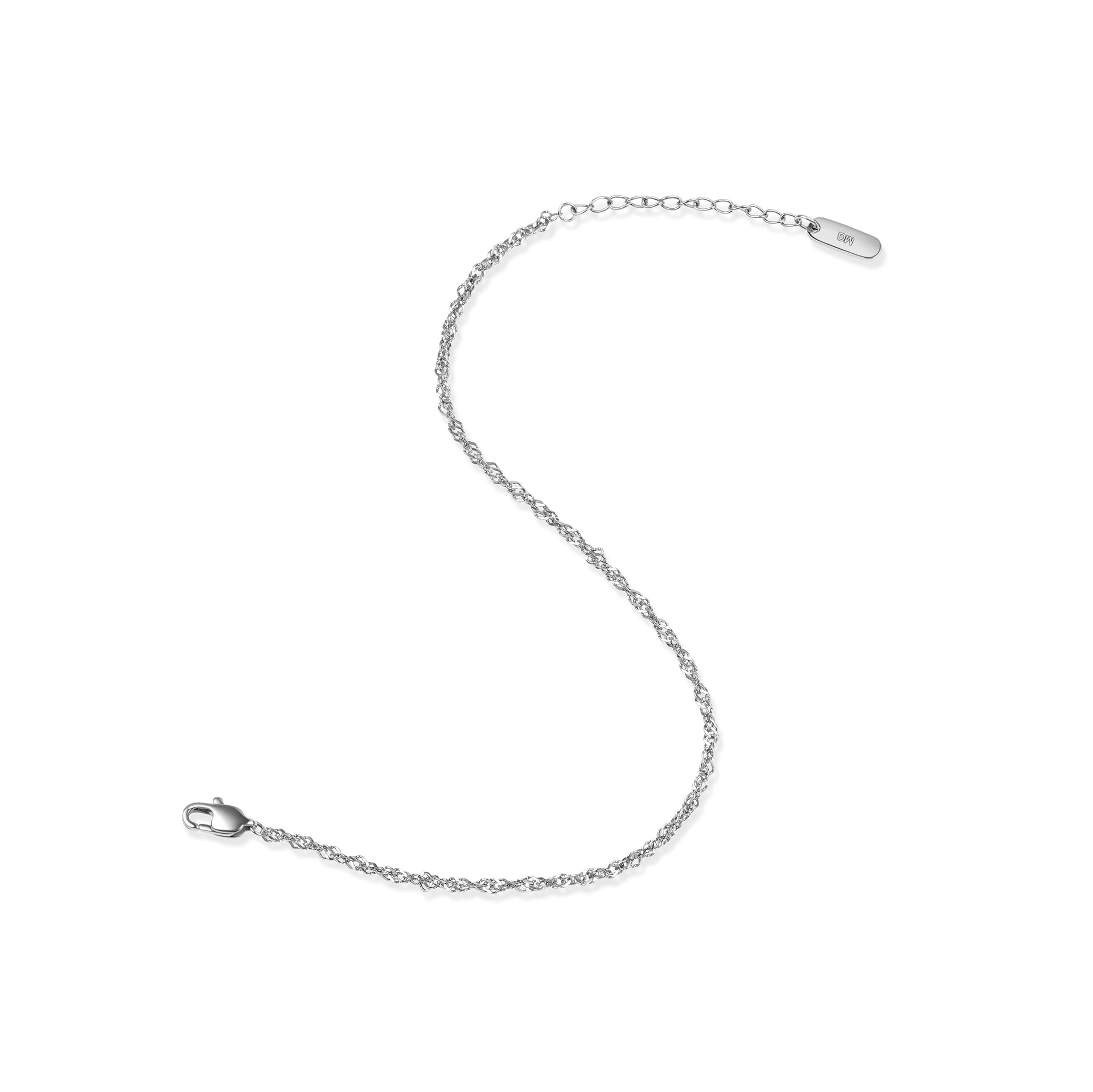 stainless steel singapore chain bracelet with an extender in an open "S" pose on a white background
