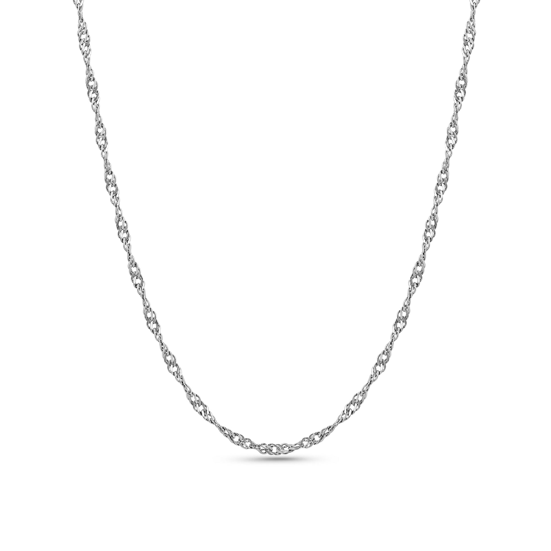 silver stainless steel singapore chain necklace on a white background