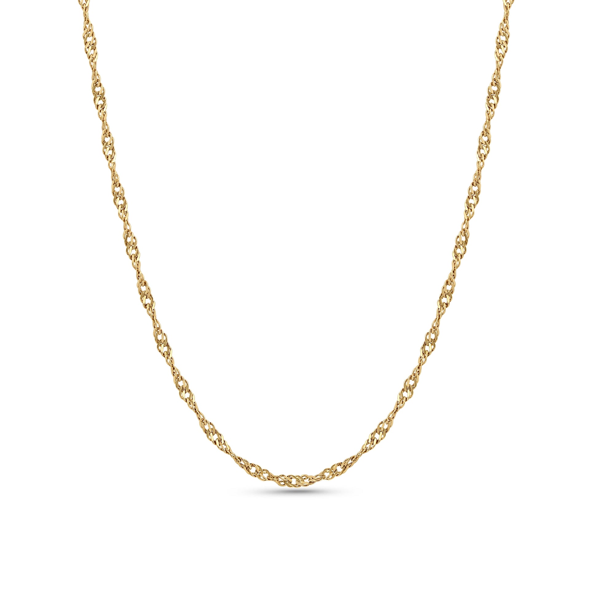 a 14k gold PVD plated stainless steel singapore chain necklace on a white background